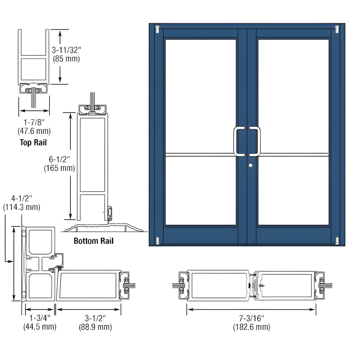 CRL-U.S. Aluminum Custom KYNAR® Paint Custom Pair Series 800 Durafront Medium Stile Offset Pivot Entrance Doors for Surface Mount Door Closers