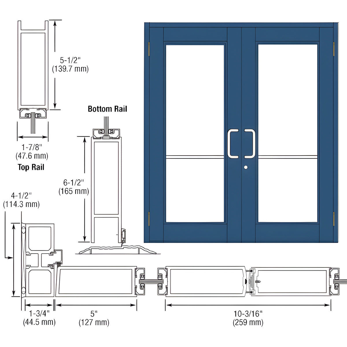 CRL-U.S. Aluminum Custom KYNAR® Paint Custom Pair Series 850 Durafront Wide Stile Butt Hinged Entrance Doors for Surface Mount Door Closers
