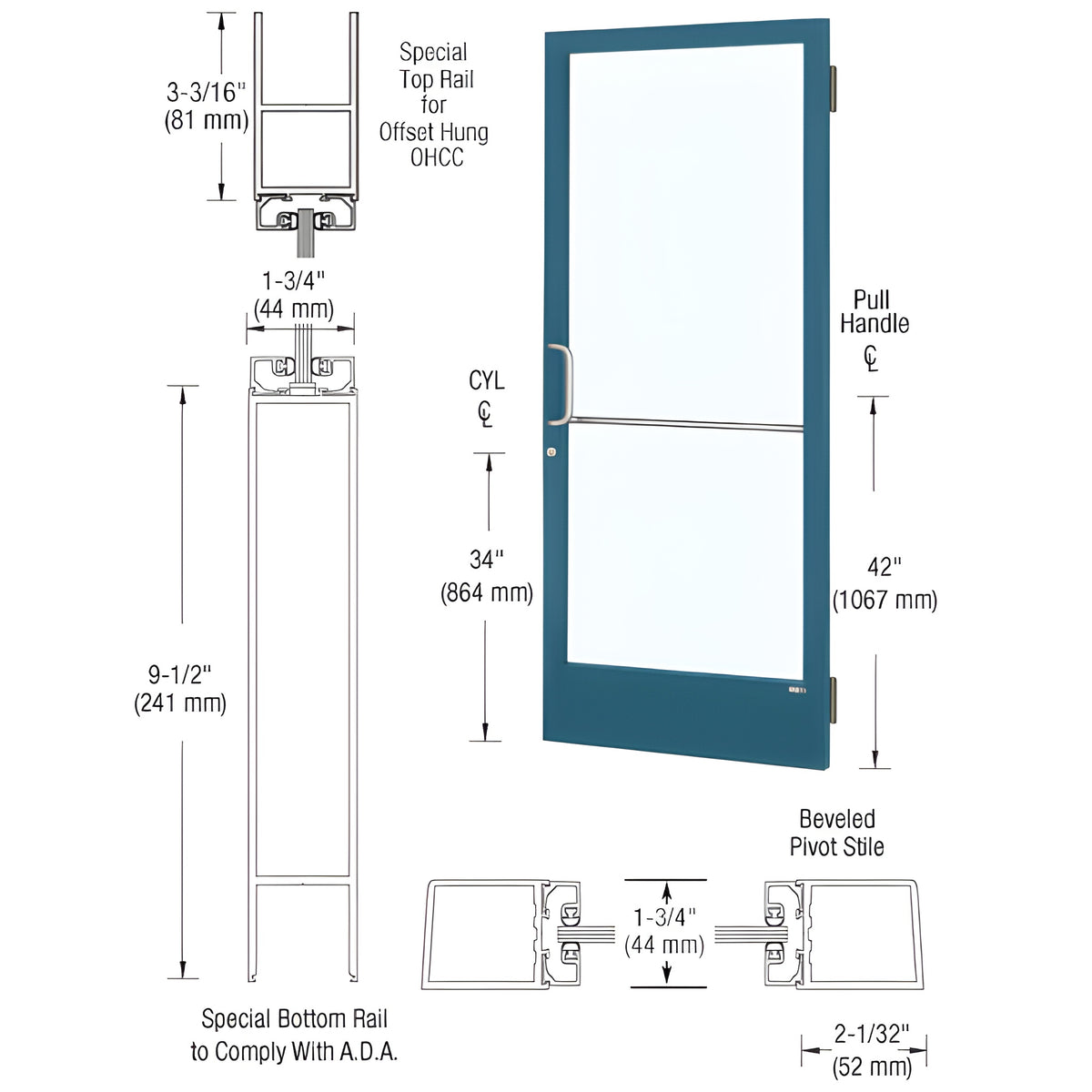 CRL-U.S. Aluminum Custom KYNAR® Paint Custom Single 36" x 84" Series 250 Narrow Stile Butt Hinge Entrance Door for OHCC