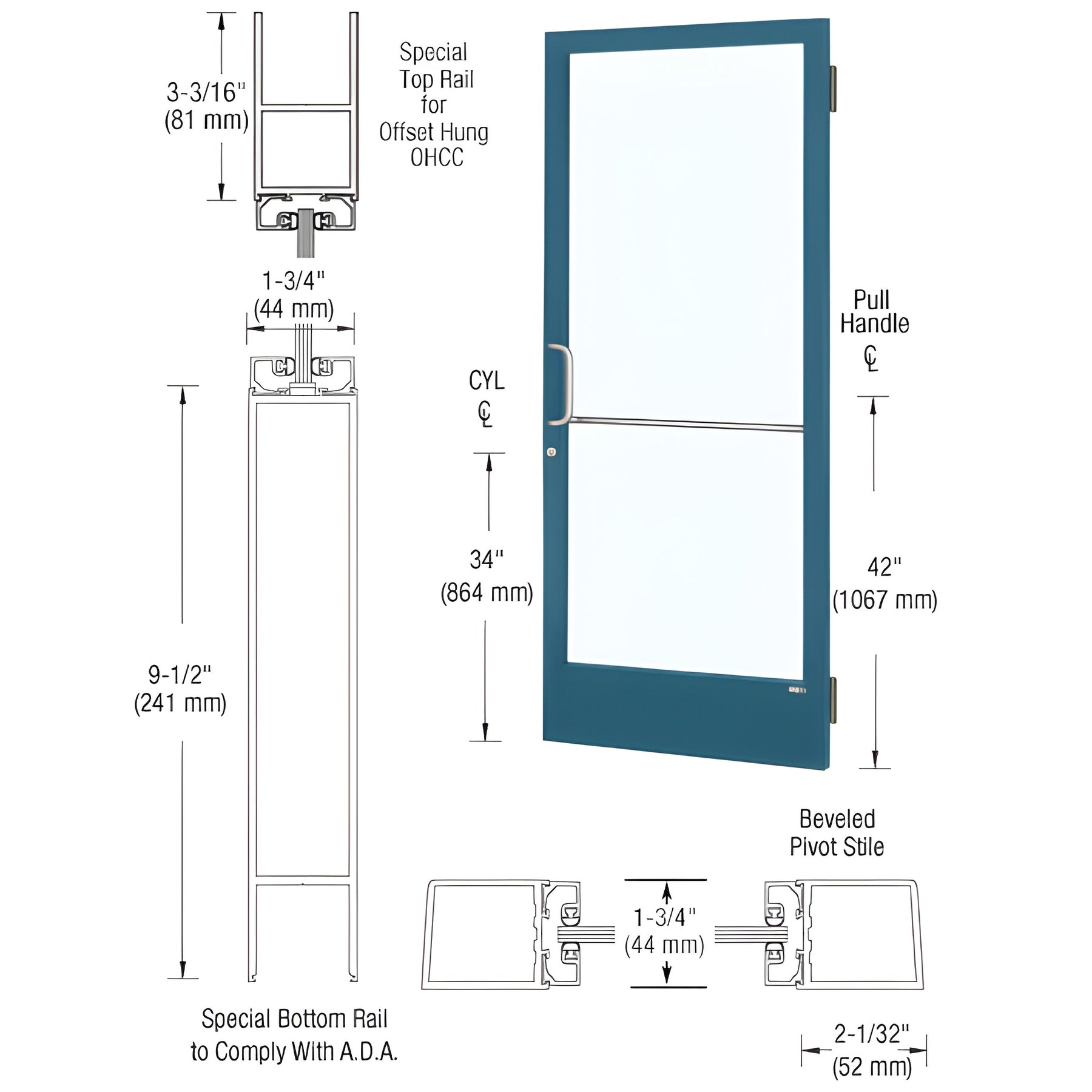CRL-U.S. Aluminum Custom KYNAR® Paint Custom Single 36" x 84" Series 250 Narrow Stile Butt Hinge Entrance Door for OHCC