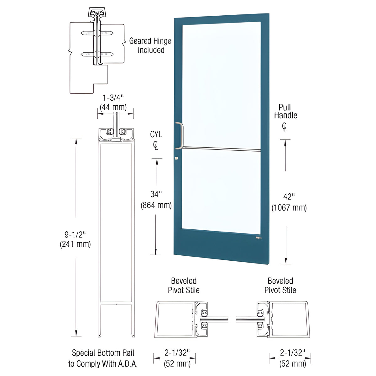 CRL-U.S. Aluminum Custom KYNAR® Paint Custom Single Series 250 Narrow Stile Geared Hinge Entrance Door for Surface Mount Door Closer