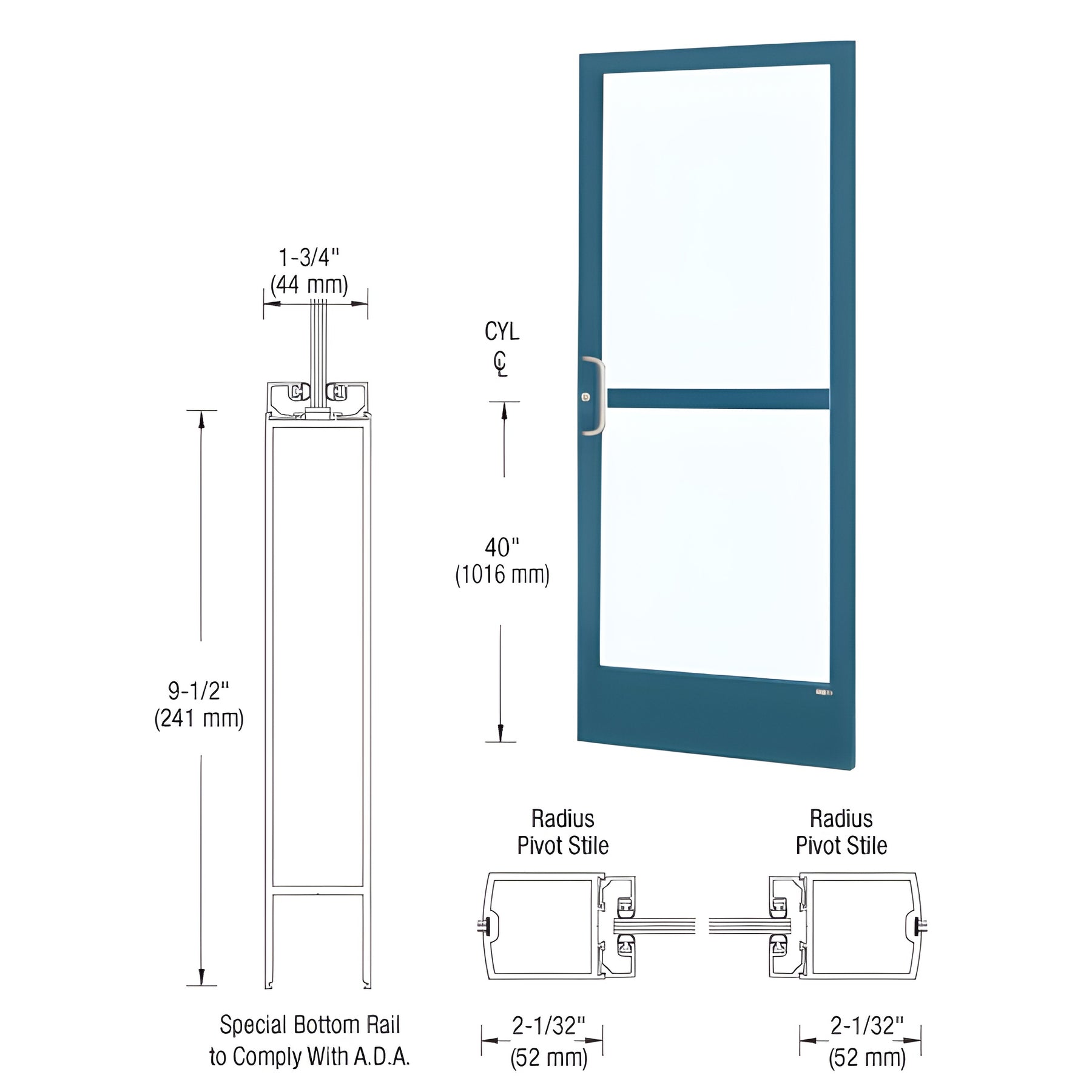 CRL-U.S. Aluminum Custom KYNAR® Paint Custom Single Series 250 Narrow Stile Center Pivot Entrance Door With Panic for Overhead Concealed Door Closer