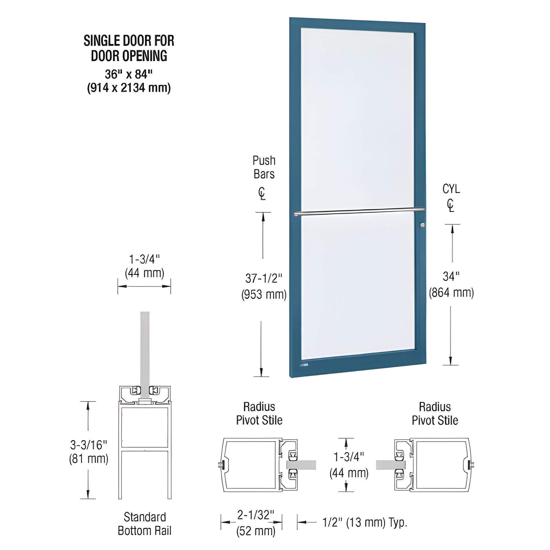CRL-U.S. Aluminum Custom KYNAR® Paint Custom Single Series 250 Narrow Stile Center Pivot Entrance Door for Overhead Concealed Door Closer