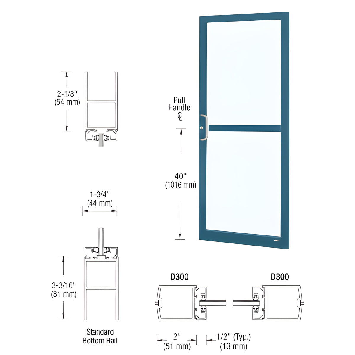 CRL-U.S. Aluminum Custom KYNAR® Paint Custom Single Series 250 Narrow Stile Center Pivot Entrance Door For Panic and Overhead Concealed Door Closer