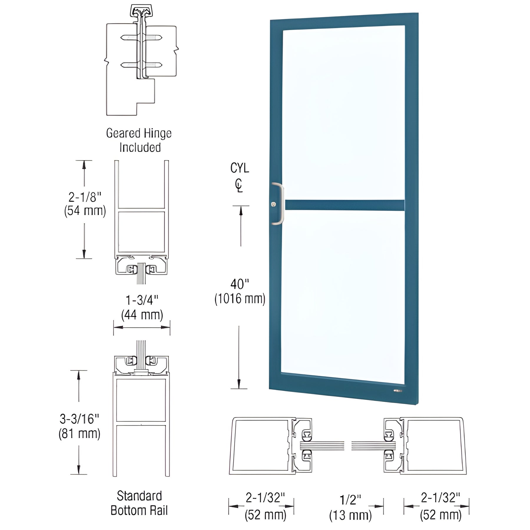 CRL-U.S. Aluminum Custom KYNAR® Paint Custom Single Series 250 Narrow Stile Geared Hinge Entrance Door With Panic for Surface Mount Door Closer