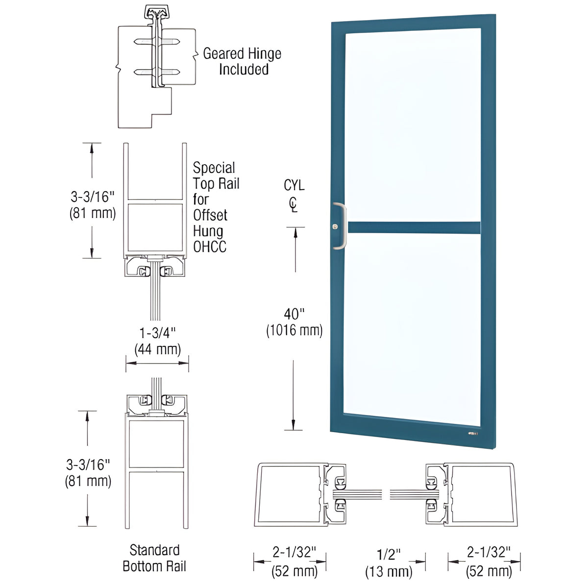 CRL-U.S. Aluminum Custom KYNAR® Paint Custom Single Series 250 Narrow Stile Geared Hinge Entrance Door With Panic for Overhead Concealed Door Closer