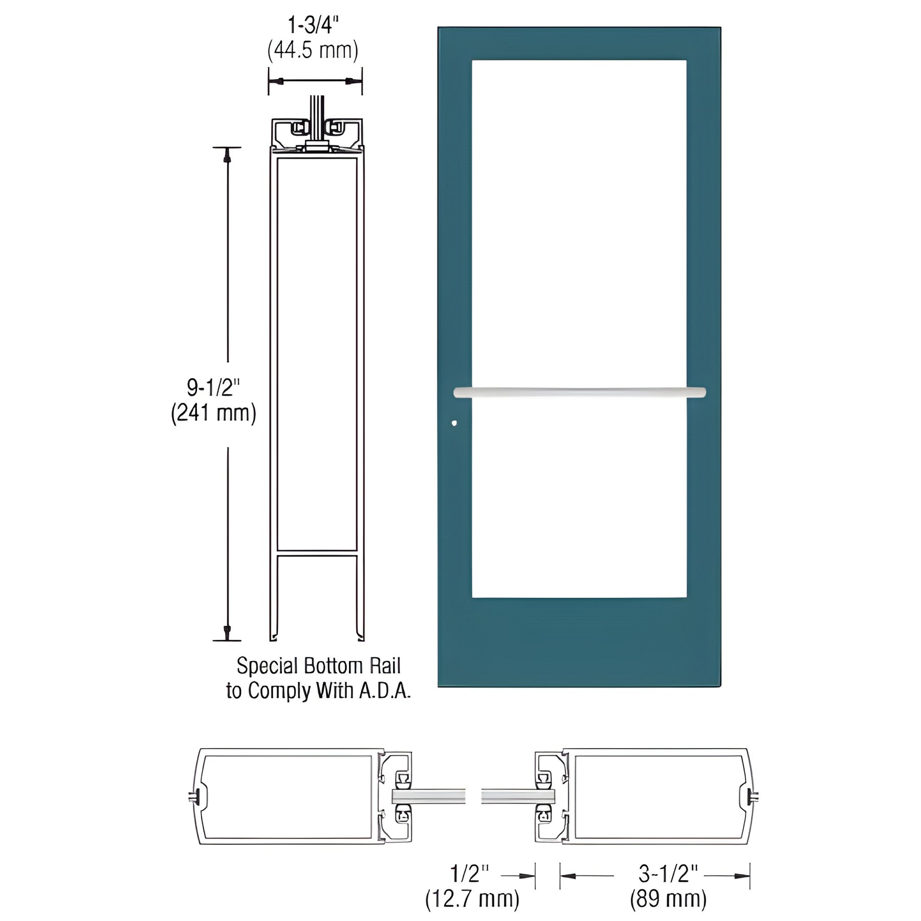 CRL-U.S. Aluminum Custom KYNAR® Paint Custom Single Series 400 Medium Stile Center Pivot Entrance Door for Overhead Concealed Door Closer