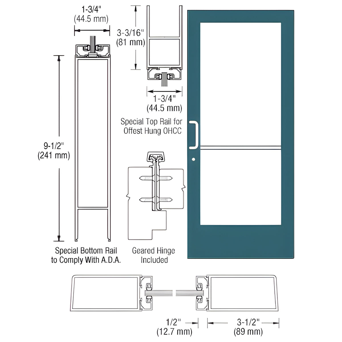 CRL-U.S. Aluminum Custom KYNAR® Paint Custom Single Series 400 Medium Stile Geared Hinge Entrance Door for Overhead Concealed Door Closer