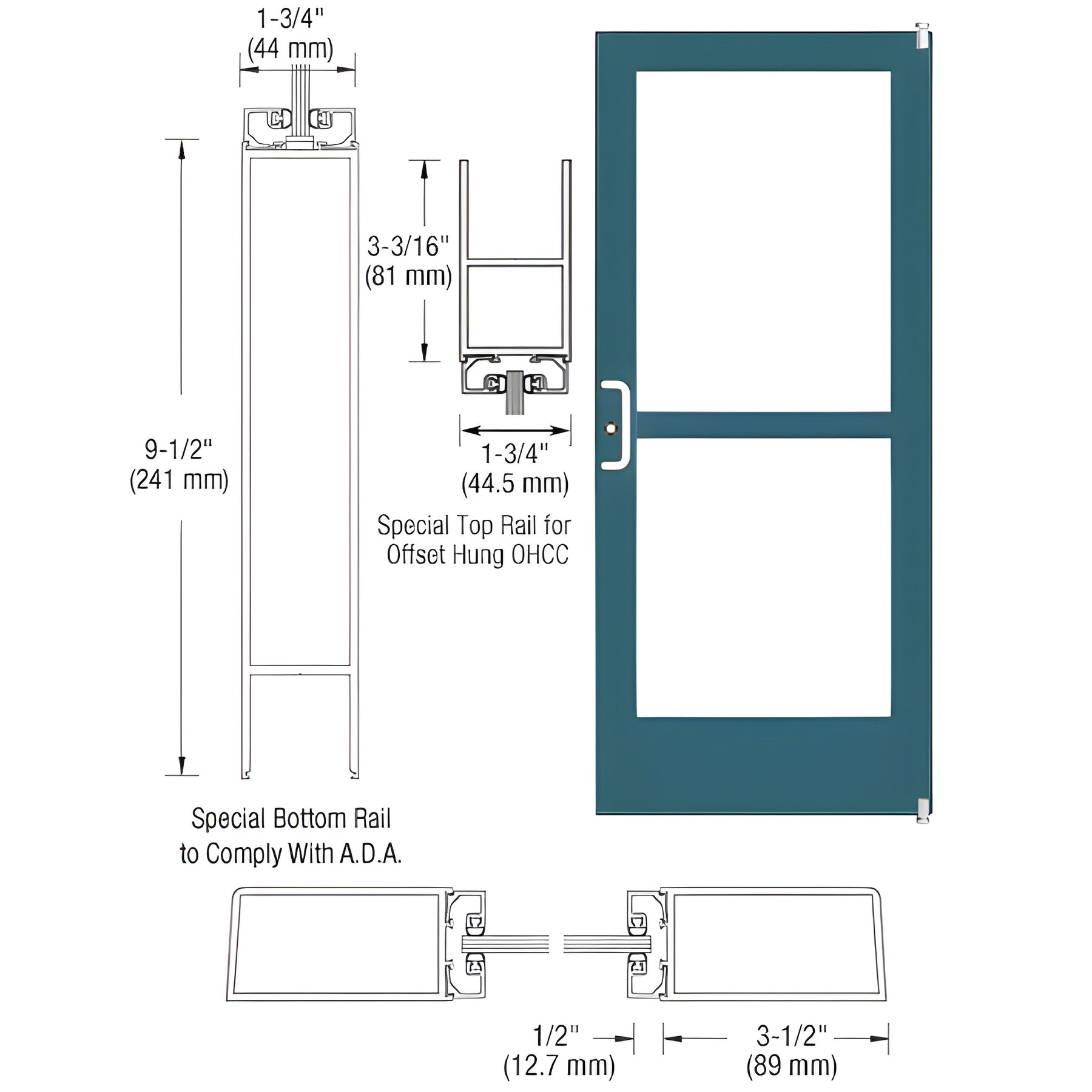 CRL-U.S. Aluminum Custom KYNAR® Paint Custom Single Series 400 Medium Stile Offset Pivot Entrance Door With Panic for Overhead Concealed Door Closer