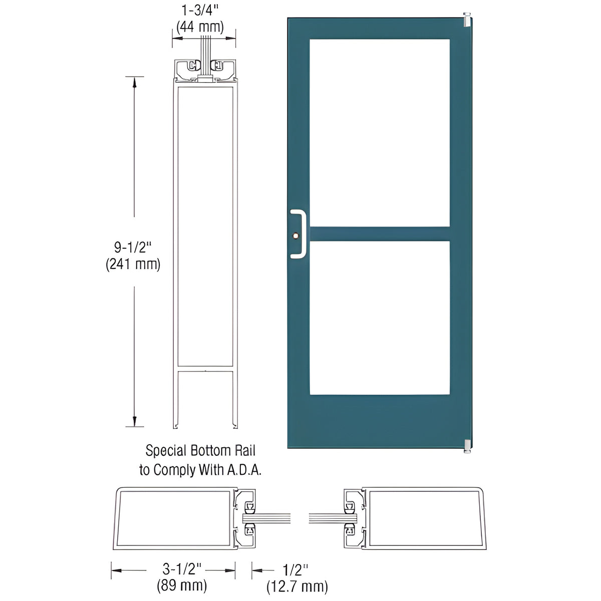 CRL-U.S. Aluminum Custom KYNAR® Paint Custom Single Series 400 Medium Stile Offset Pivot Entrance Door With Panic for Surface Mount Door Closer