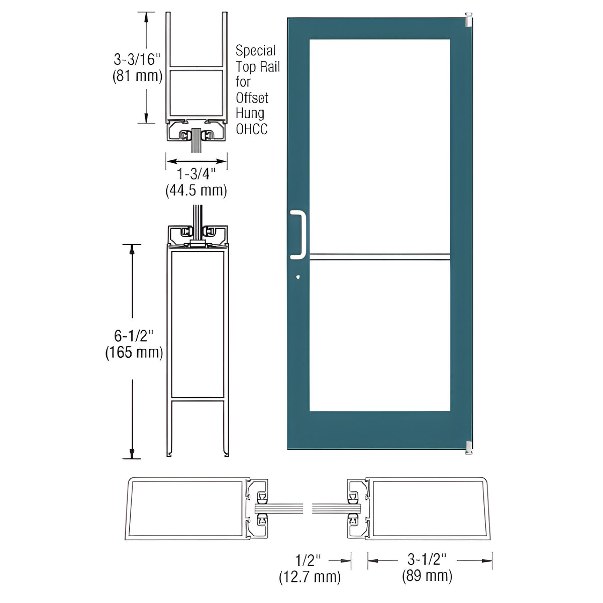 CRL-U.S. Aluminum Custom KYNAR® Paint Custom Single Series 400 Medium Stile Offset Pivot Entrance Door for Overhead Concealed Door Closer