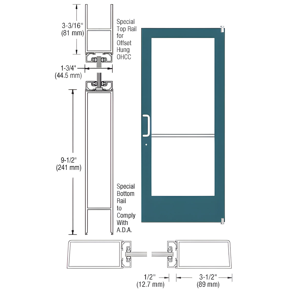 CRL-U.S. Aluminum Custom KYNAR® Paint Custom Single Series 400 Medium Stile Offset Pivot Entrance Door for Overhead Concealed Door Closer