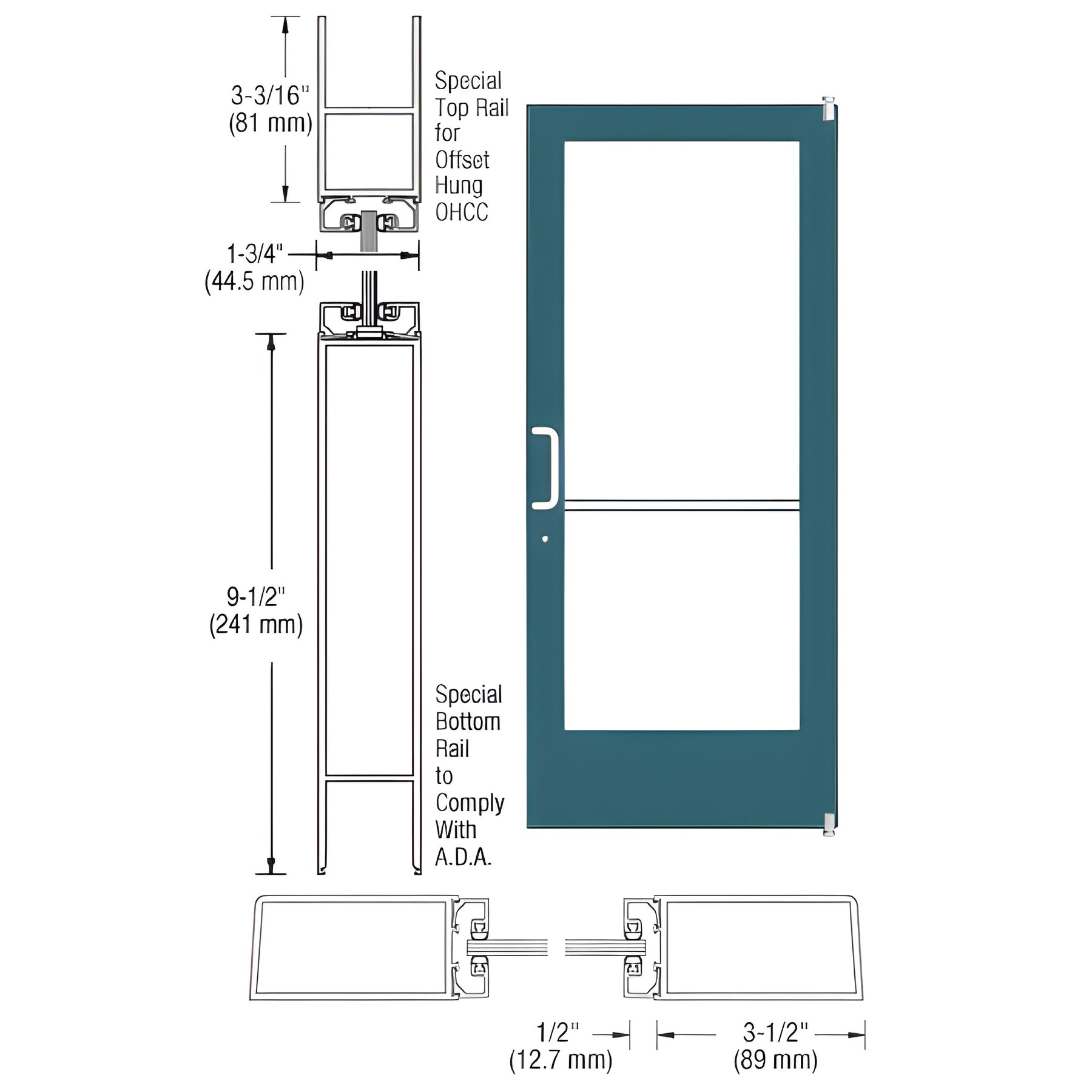 CRL-U.S. Aluminum Custom KYNAR® Paint Custom Single Series 400 Medium Stile Offset Pivot Entrance Door for Overhead Concealed Door Closer