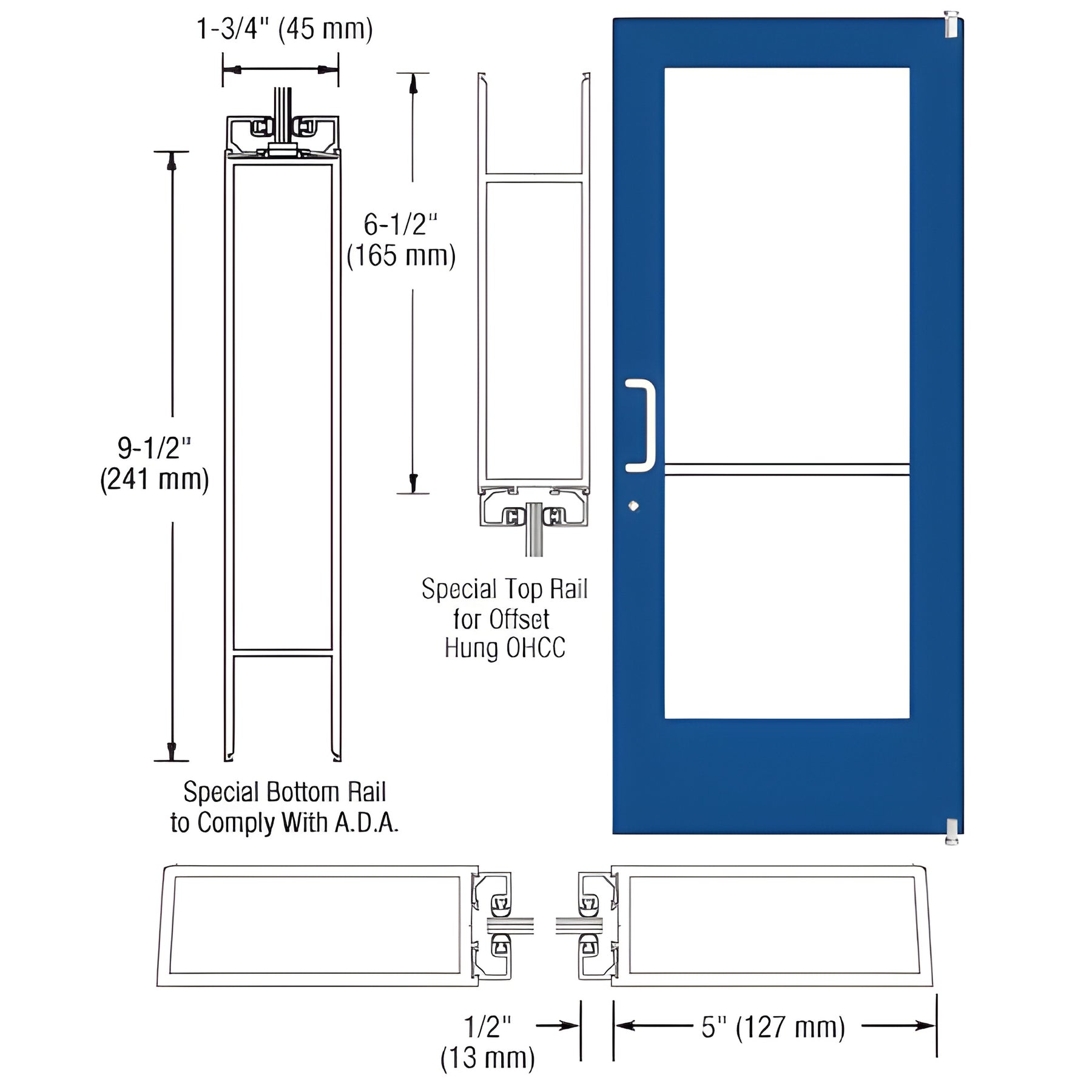 CRL-U.S. Aluminum Custom KYNAR® Paint Custom Single Series 550 Wide Stile Offset Pivot Entrance Door for Overhead Concealed Door Closer