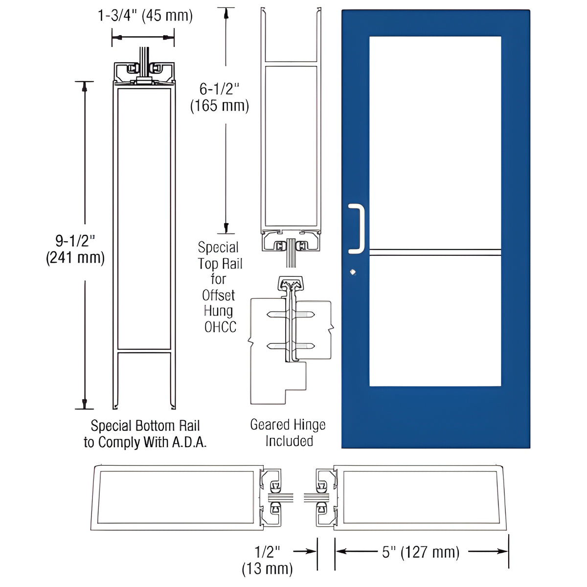 CRL-U.S. Aluminum Custom KYNAR® Paint Custom Single Series 550 Wide Stile Geared Hinge Entrance Door for Overhead Concealed Door Closer