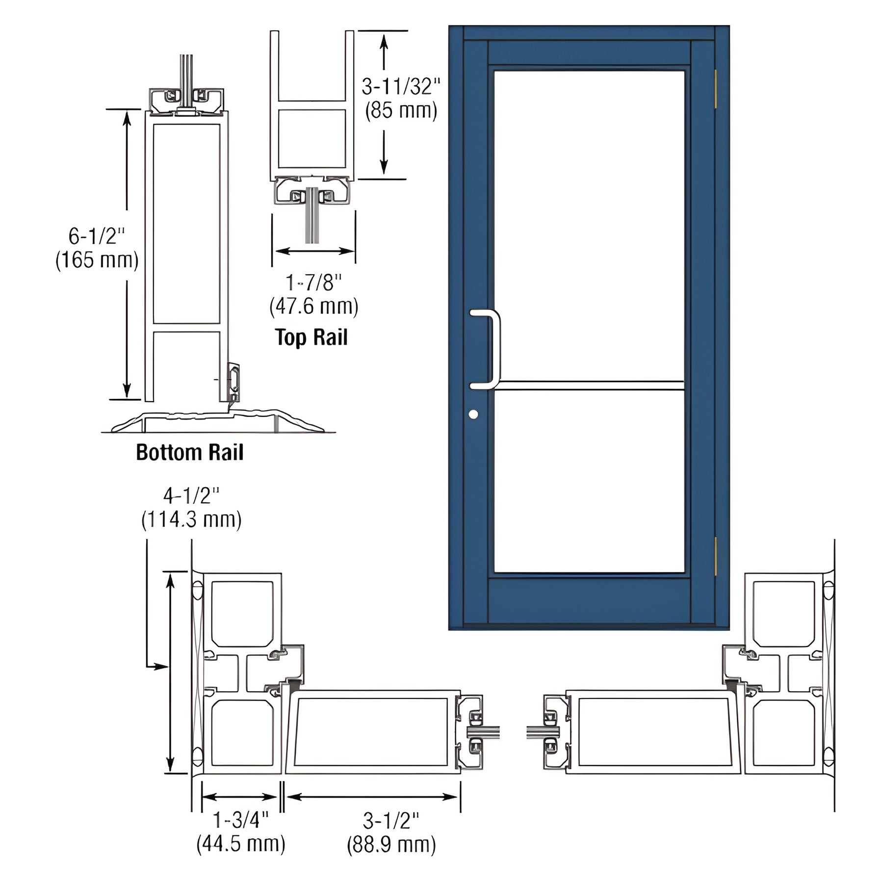 CRL-U.S. Aluminum Custom KYNAR® Paint Custom Single Series 800 Durafront Medium Stile Butt Hinge Entrance Door for Surface Mount Door Closer