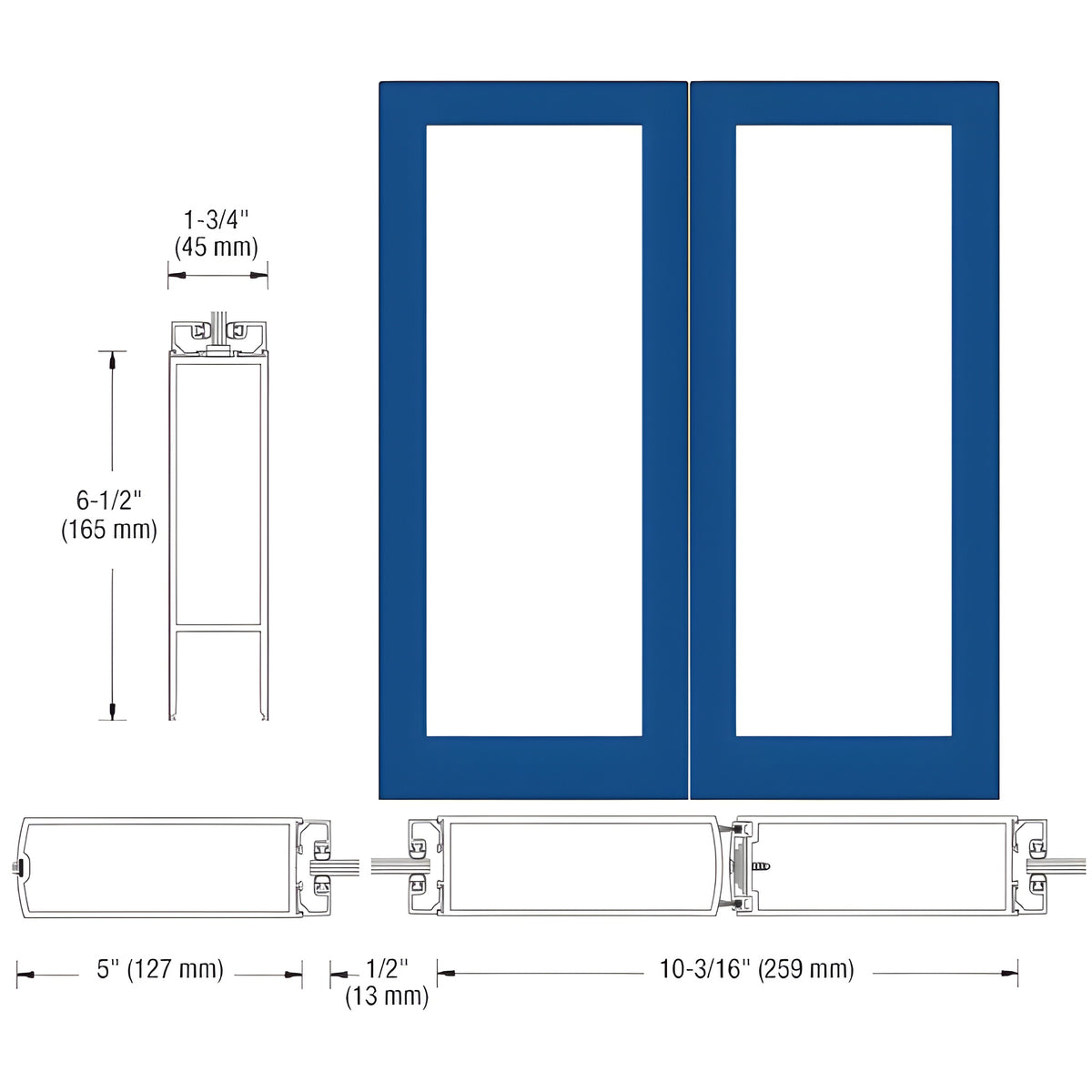 CRL-U.S. Aluminum Custom KYNAR® Paint Custom Size Blank Pair 550 Wide Center Stile Entrance Doors - No Prep