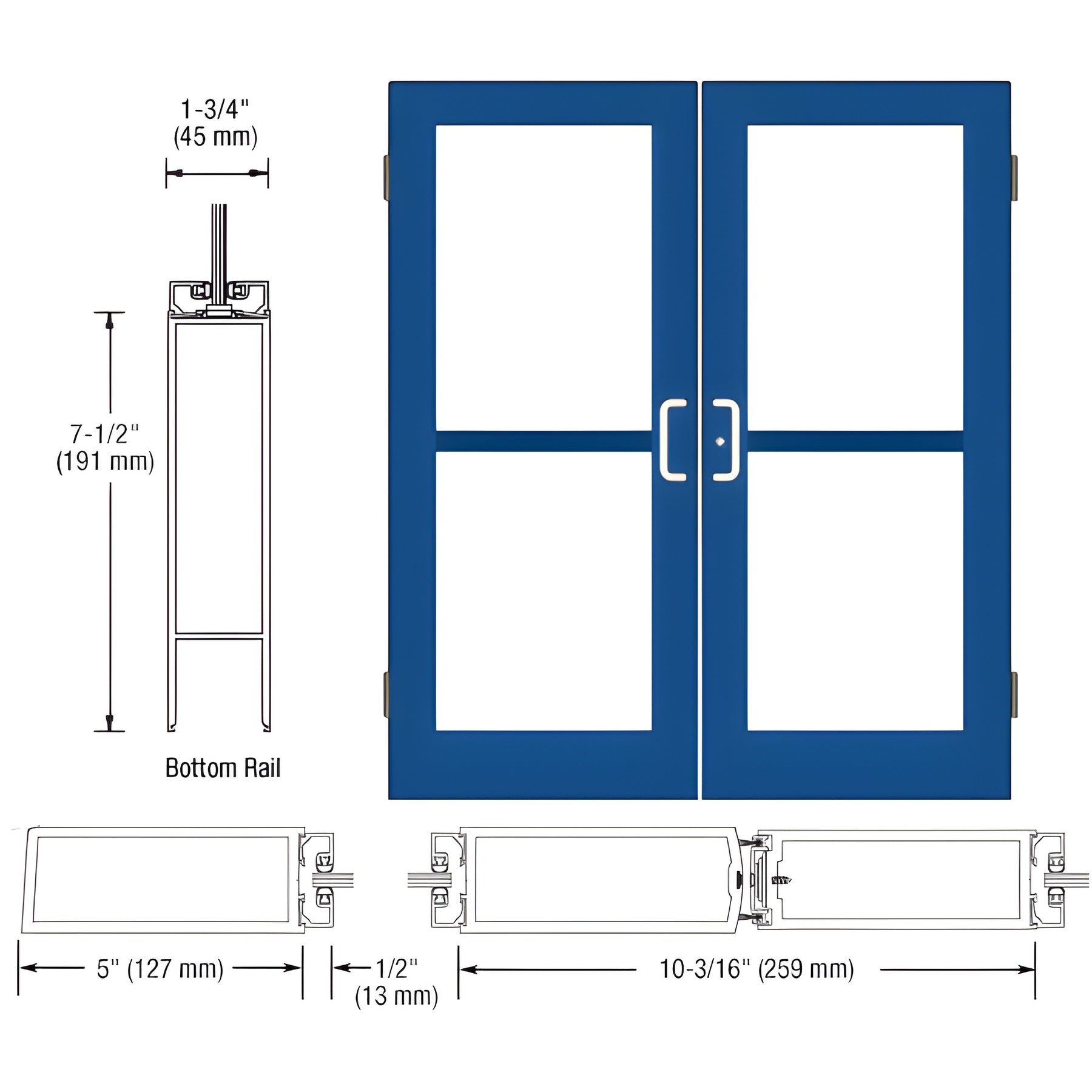 CRL-U.S. Aluminum Custom KYNAR® Paint Custom Size Pair Series 550 Wide Stile Butt Hinge Entrance Door With Panics for Surface Mount Door Closers