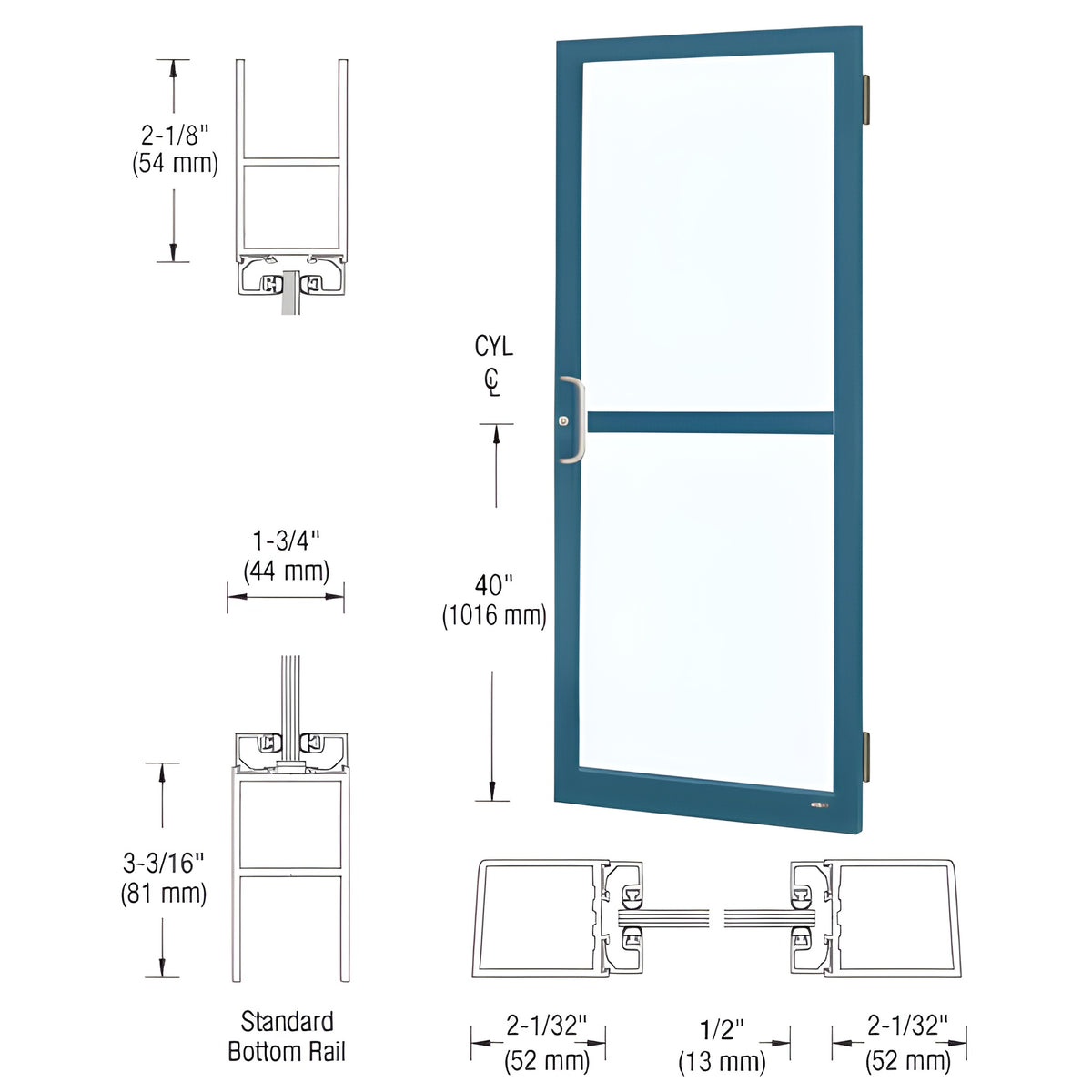 CRL-U.S. Aluminum Custom KYNAR® Paint Custom Size Single Series 250 Narrow Stile Butt Hinge Entrance Door With Panic for Surface Mount Door Closer