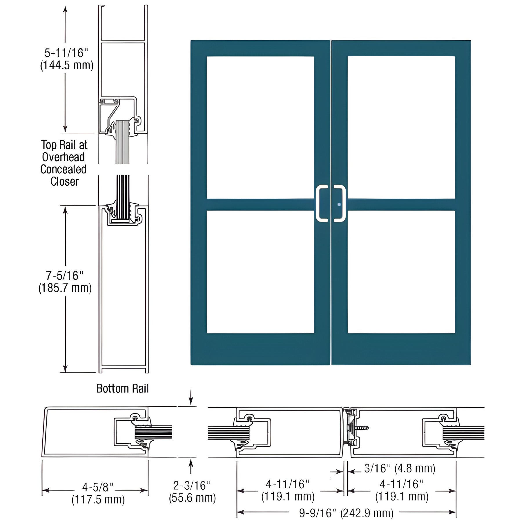 CRL-U.S. Aluminum Custom KYNAR® Paint IG500 Series Custom Pair StormFront™ Gear Hinged Entrance for Panic and Overhead Concealed Closer