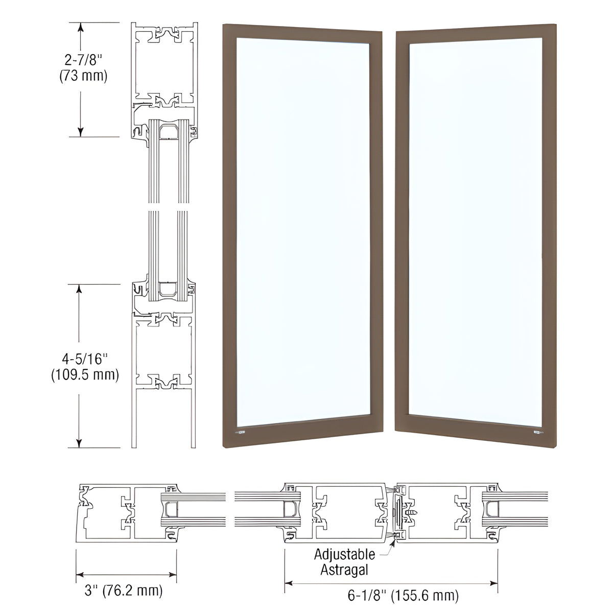 CRL-U.S. Aluminum Dark Bronze/Black Anodized Class 1 Custom Blank Pair Series 250T Narrow Stile Offset Hung Thermal Entrance Doors - No Prep