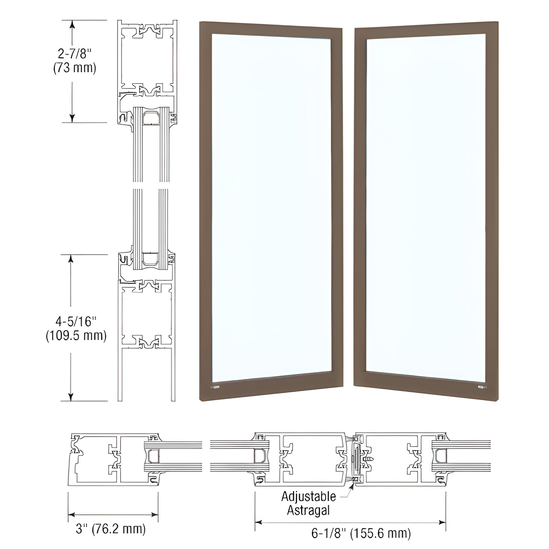 CRL-U.S. Aluminum Dark Bronze/Black Anodized Class 1 Custom Blank Pair Series 250T Narrow Stile Offset Hung Thermal Entrance Doors - No Prep