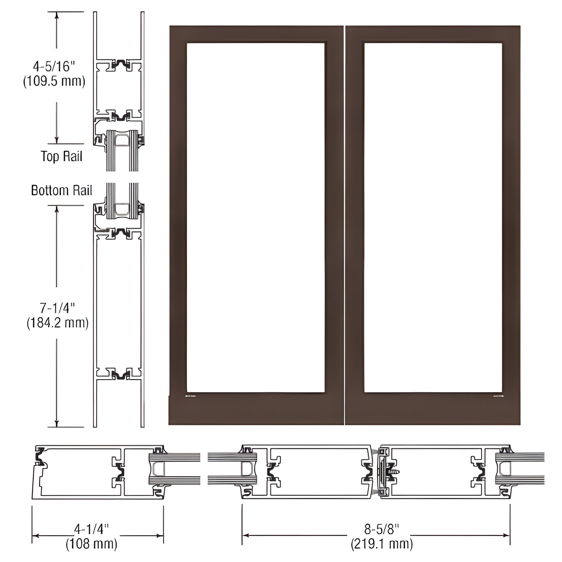CRL-U.S. Aluminum Dark Bronze/Black Anodized Class 1 Custom Blank Pair Series 400T Thermal Medium Stile Offset Hung Entrance Doors - No Prep