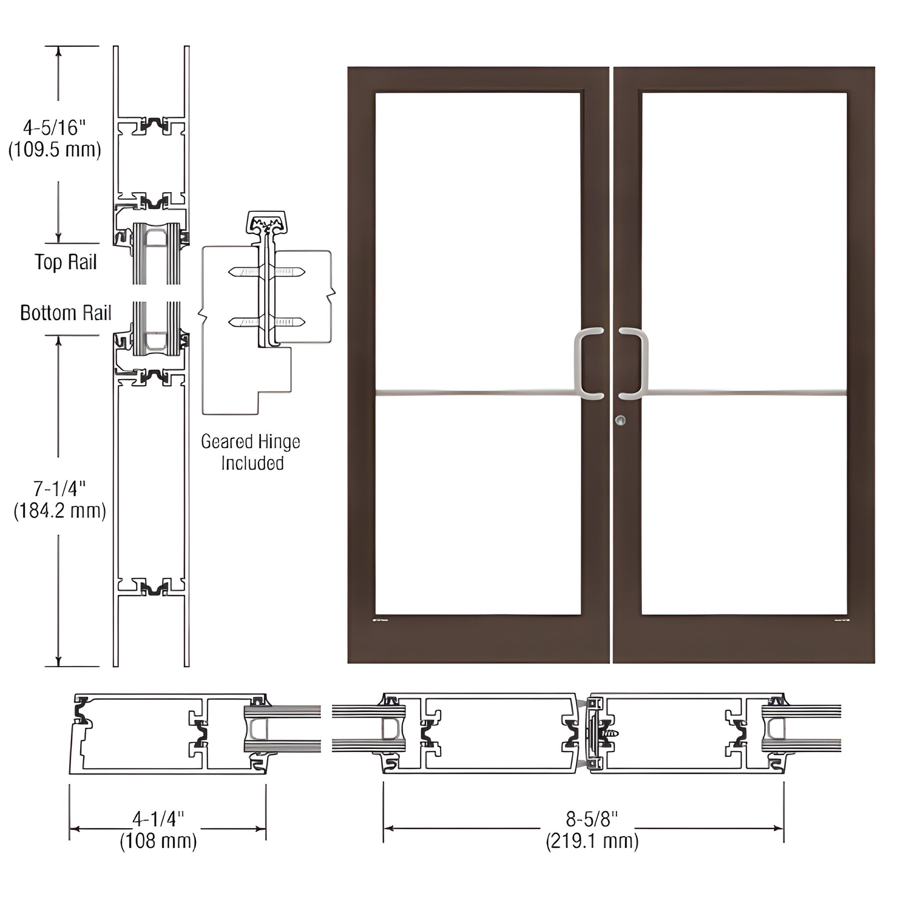 CRL-U.S. Aluminum Dark Bronze/Black Anodized Class 1 Custom Pair 72" x 84" Series 400T Medium Stile Gear Hinge Entrance Door