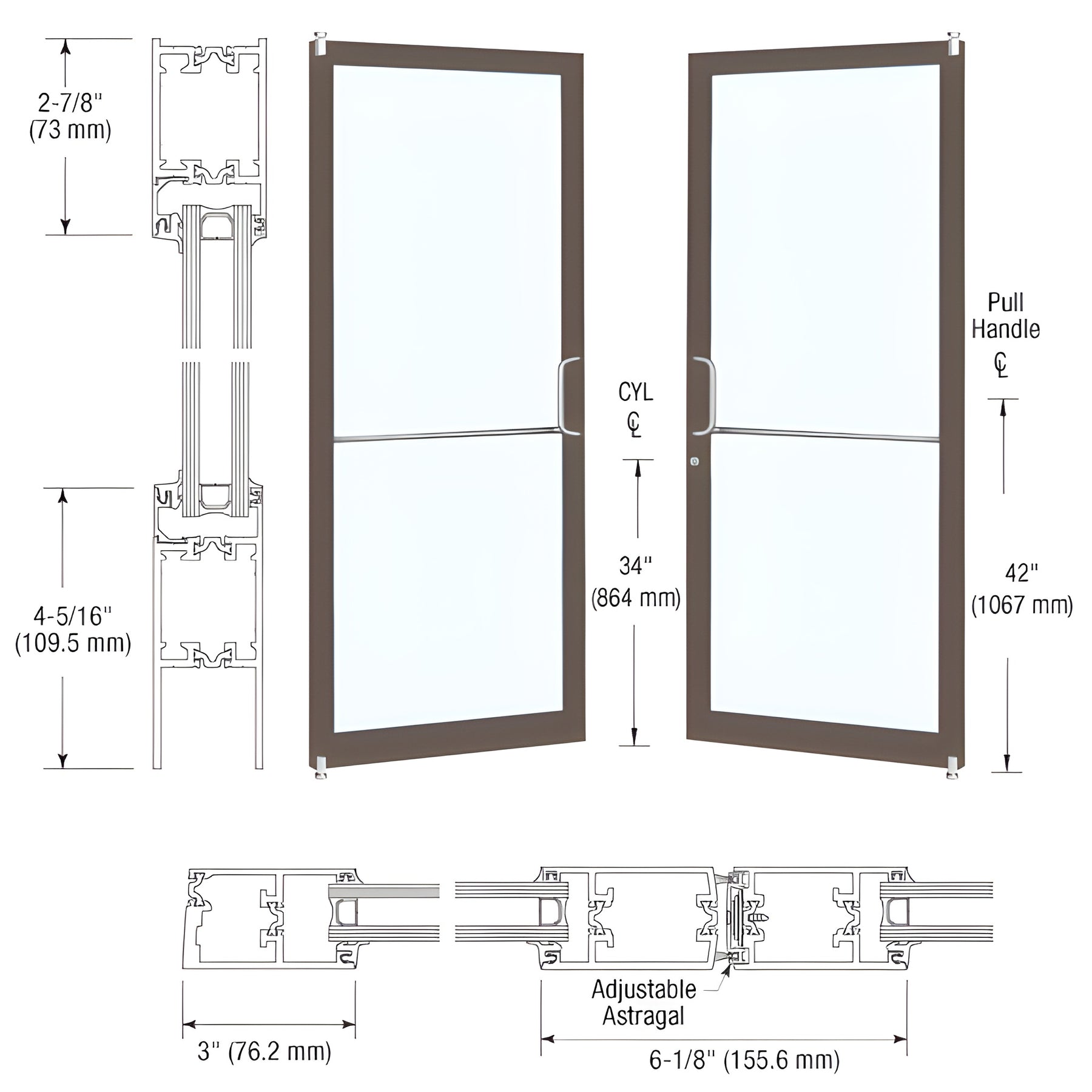 CRL-U.S. Aluminum Dark Bronze/Black Anodized Class 1 Custom Pair Series 250T Narrow Stile Offset Pivot Thermal Entrance Doors for Surface Mount Door Closers