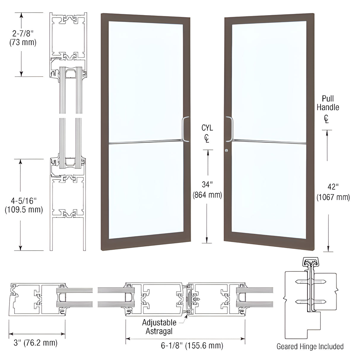 CRL-U.S. Aluminum Dark Bronze/Black Anodized Class 1 Custom Pair Series 250T Narrow Stile Geared Hinge Thermal Entrance Doors for Surface Mount Door Closers