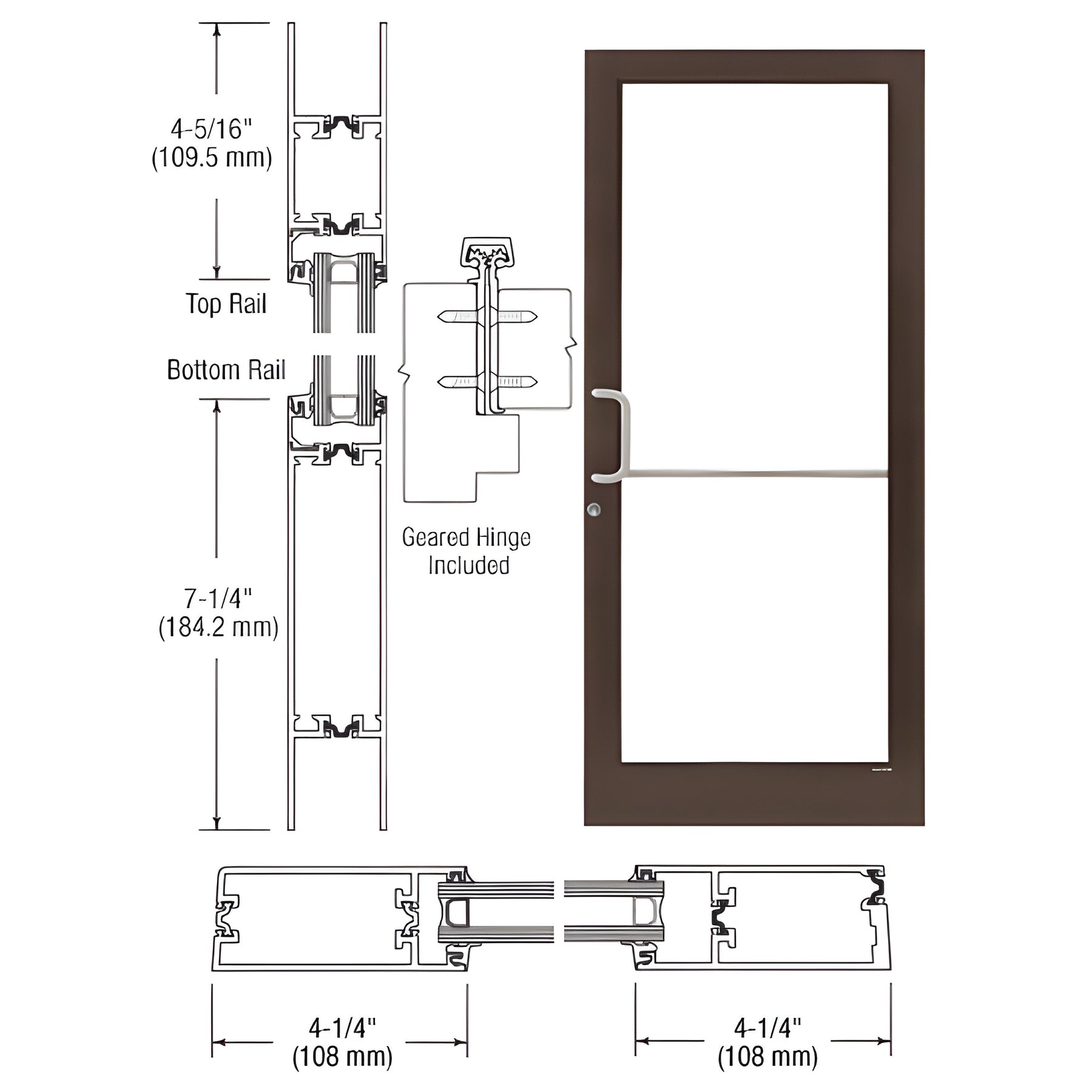 CRL-U.S. Aluminum Dark Bronze/Black Anodized Class 1 Custom Single 36" x 84" Series 400T Medium Stile Gear Hinge Entrance Door