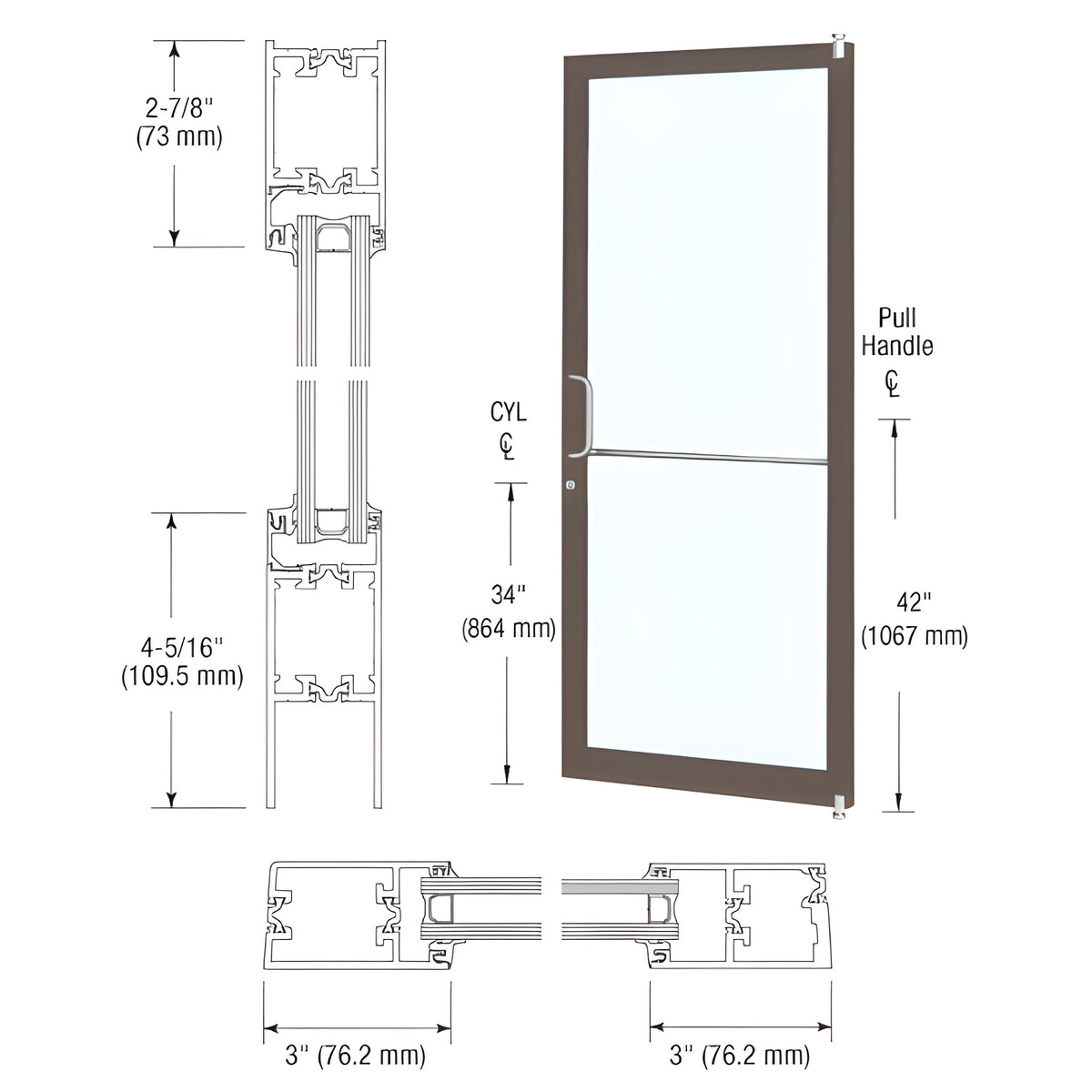 CRL-U.S. Aluminum Dark Bronze/Black Anodized Class 1 Custom Single Series 250T Narrow Stile Offset Pivot Thermal Entrance Door for Surface Mount Door Closer