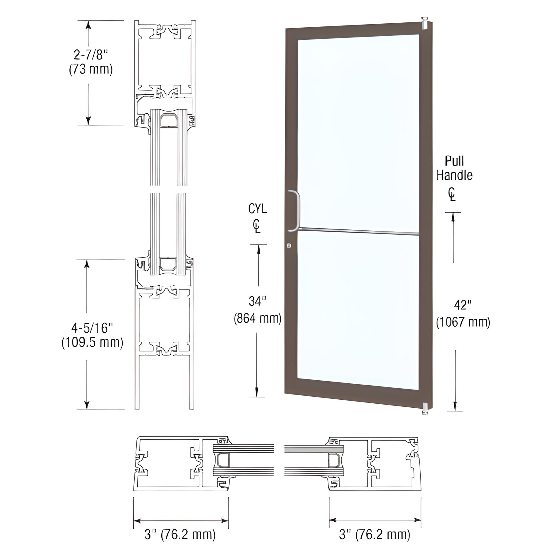 CRL-U.S. Aluminum Dark Bronze/Black Anodized Class 1 Custom Single Series 250T Narrow Stile Offset Pivot Thermal Entrance Door for Surface Mount Door Closer