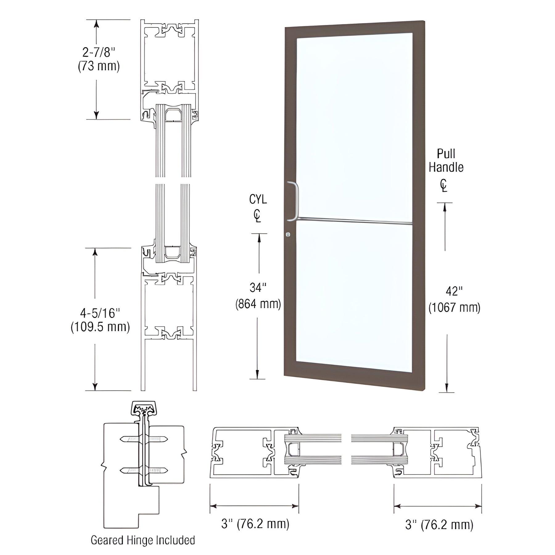 CRL-U.S. Aluminum Dark Bronze/Black Anodized Class 1 Custom Single Series 250T Narrow Stile Geared Hinge Thermal Entrance Door for Surface Mount Door Closer