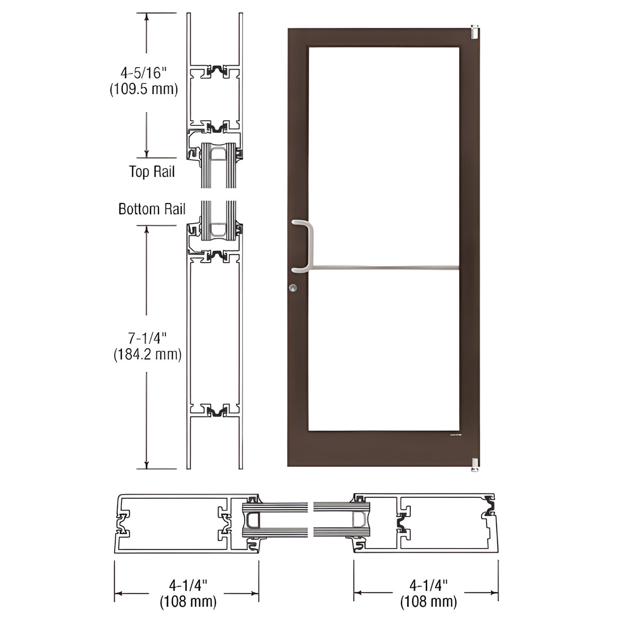 CRL-U.S. Aluminum Dark Bronze/Black Anodized Class 1 Custom Single Series 400T Thermal Medium Stile Offset Pivot Entrance Door for Surface Mount Door Closer