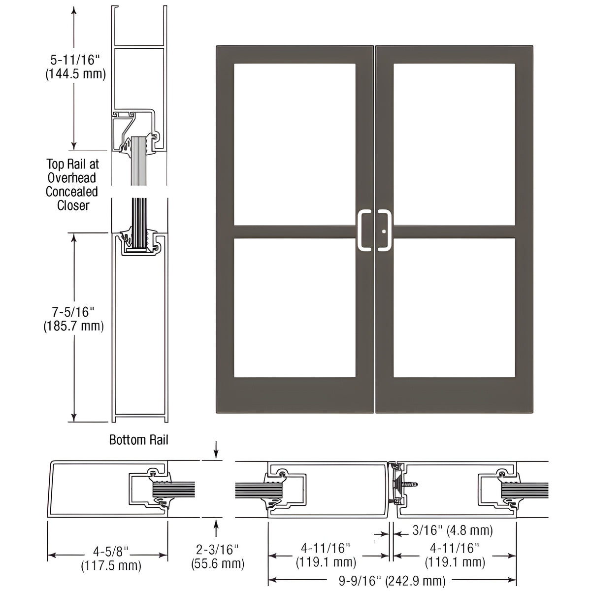 CRL-U.S. Aluminum Dark Bronze/Black Anodized Class 1 IG500 Series Custom Pair StormFront™ Gear Hinged Entrance for Panic and Overhead Concealed Closer