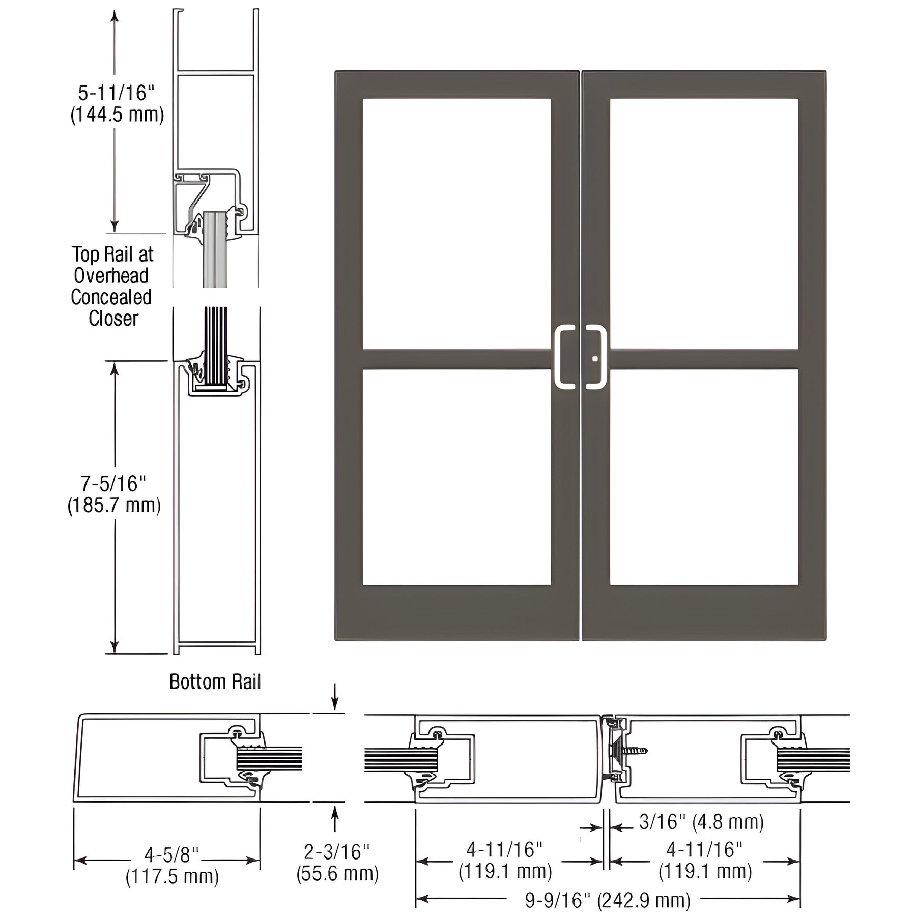 CRL-U.S. Aluminum Dark Bronze/Black Anodized Class 1 IG500 Series Custom Pair StormFront™ Gear Hinged Entrance for Panic and Overhead Concealed Closer