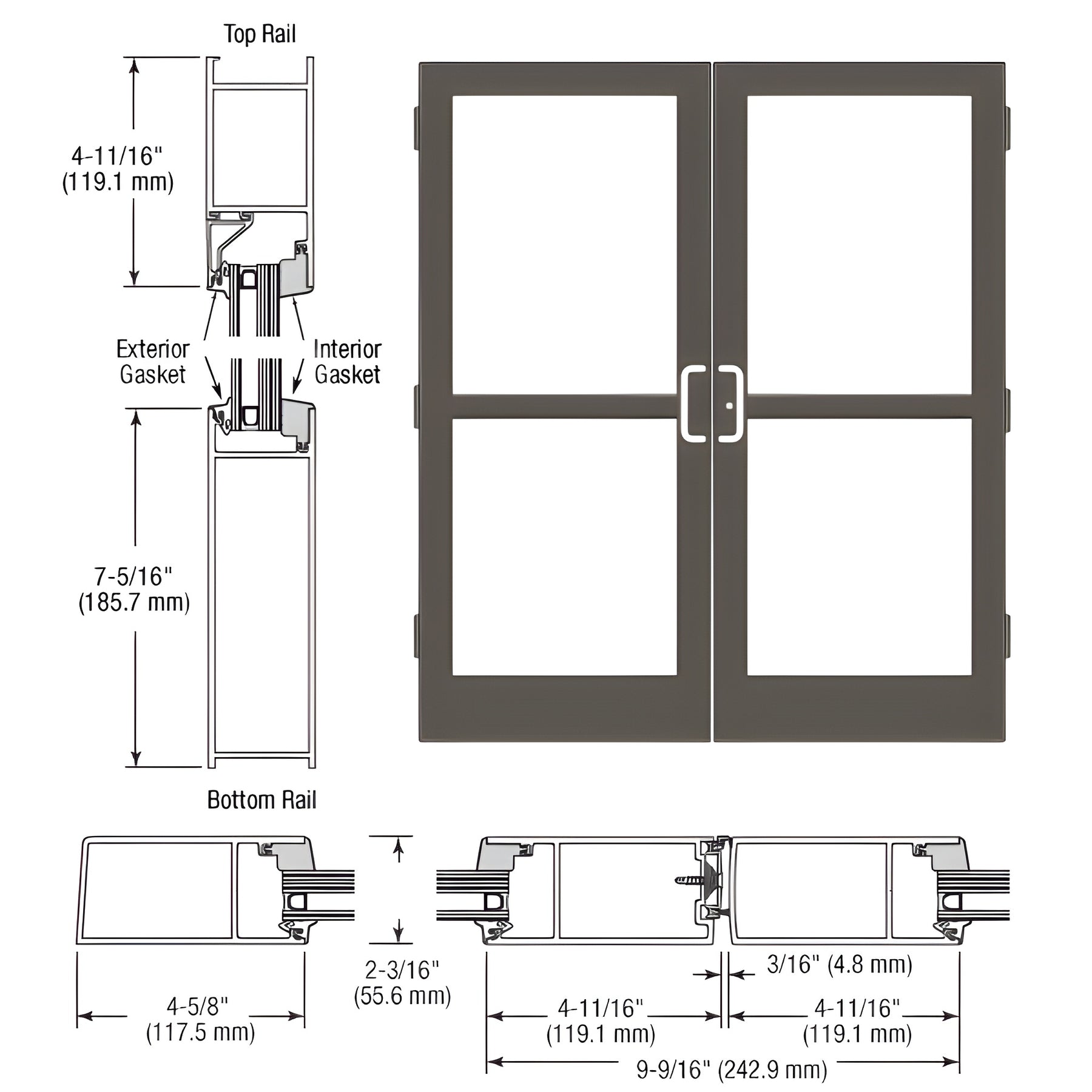 CRL-U.S. Aluminum Dark Bronze/Black Anodized Class 1 StormFront™ Series Custom Pair Butt Hinge Entrance Doors for Panics and Surface Mount Door Closers