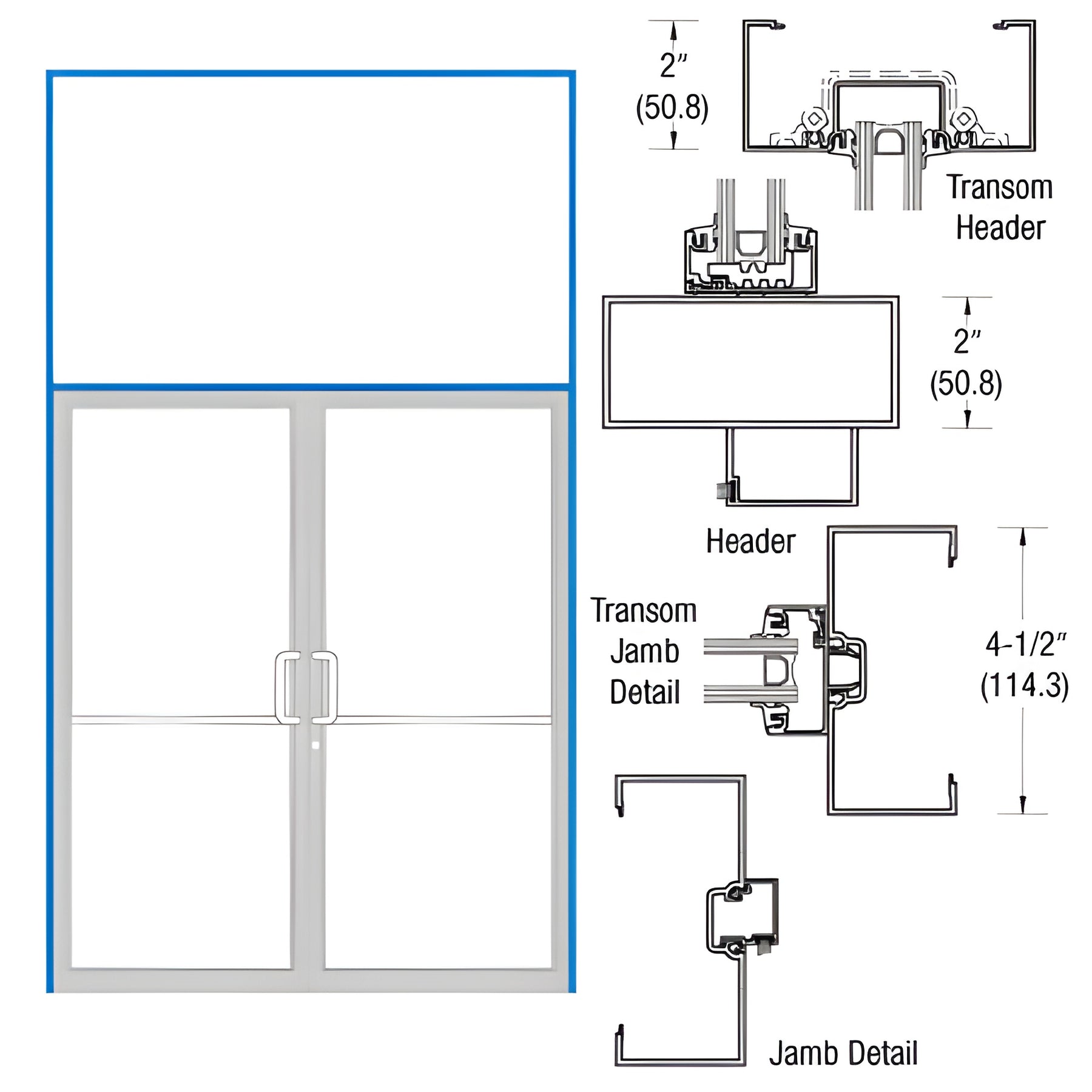 CRL-U.S. Aluminum Dark Bronze/Black Anodized Class 1 Transom Double Door Frame 2" x 4-1/2" Prepped for Offset Pivot Overhead Concealed 105º Closer