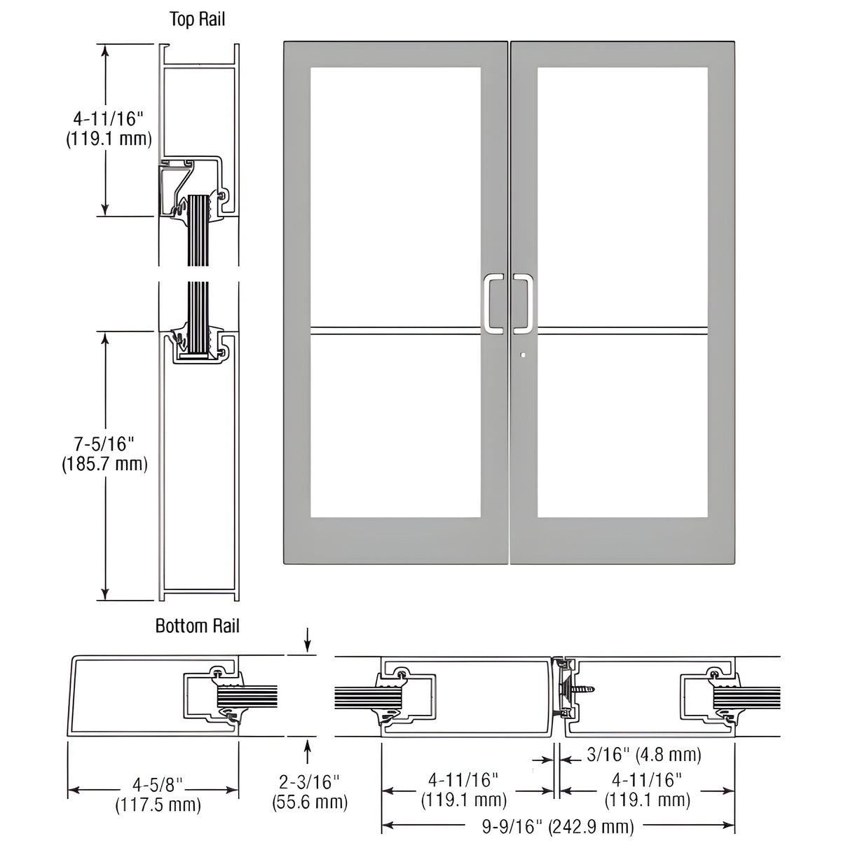 CRL-U.S. Aluminum IG500 Series Clear Anodized Class 1 Custom Pair StormFront™ Butt Hinged Entrance Doors for Surface Mount Door Closers