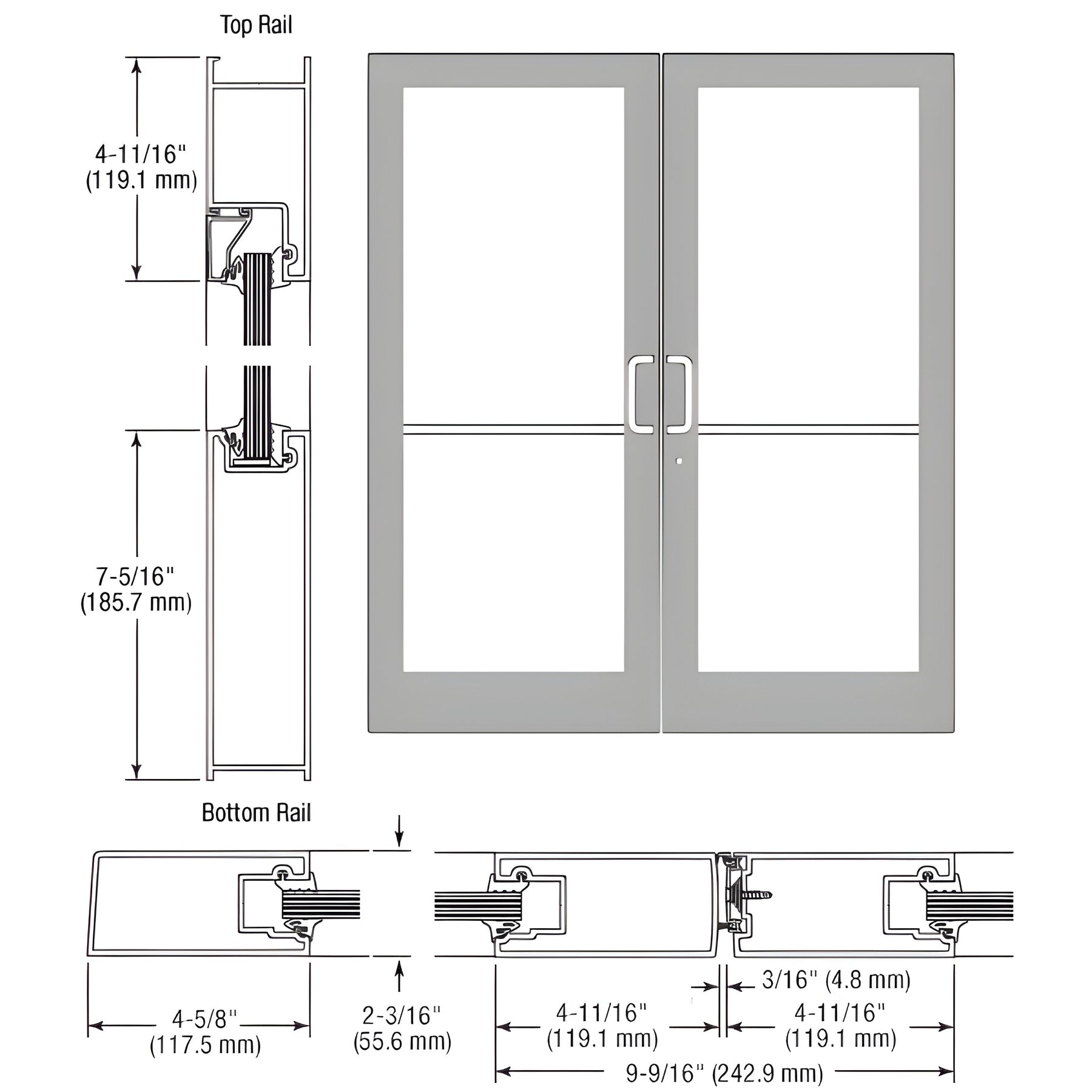 CRL-U.S. Aluminum IG500 Series Clear Anodized Class 1 Custom Pair StormFront™ Butt Hinged Entrance Doors for Surface Mount Door Closers