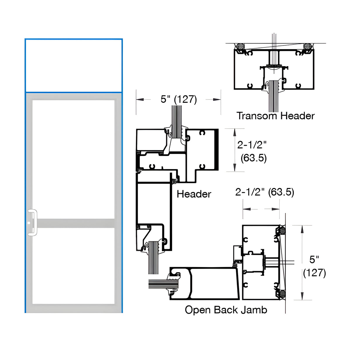 CRL-U.S. Aluminum IG500 Series Custom KYNAR® Paint Custom Transom Door Frame for Geared Hinge, CVR Strike, and Surface Closer