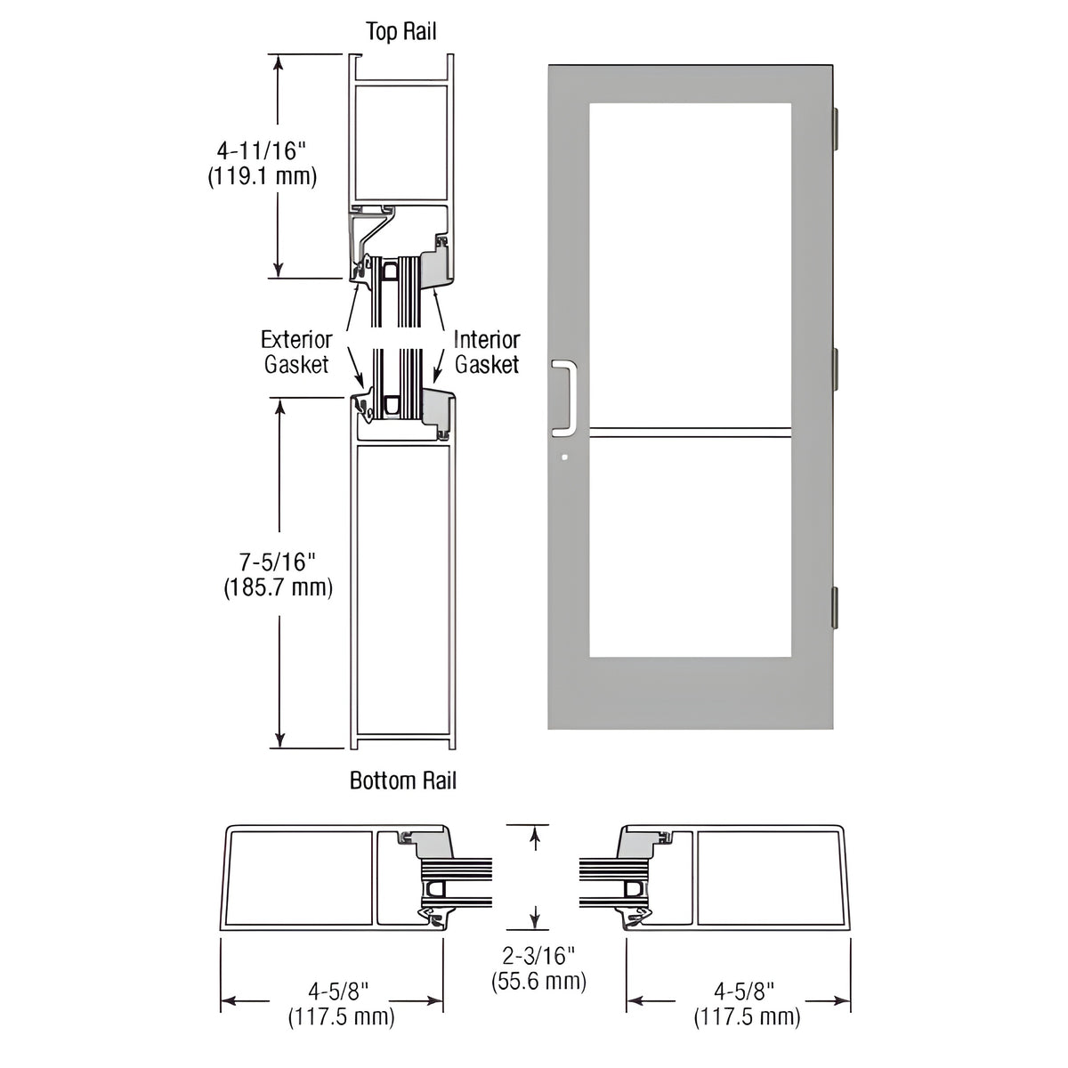 CRL-U.S. Aluminum IG600 Hurricane Series Dark Bronze/Black Anodized Class 1 Custom Single Butt Hinge Entrance Door for Surface Mount Door Closer