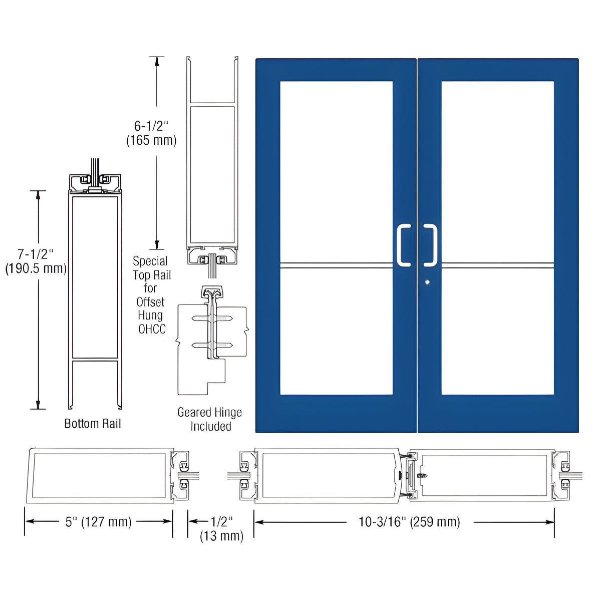 CRL-U.S. Aluminum Standard KYNAR® Custom Pair Series 550 Wide Stile Geared Hinge Entrance Doors for Overhead Concealed Door Closers