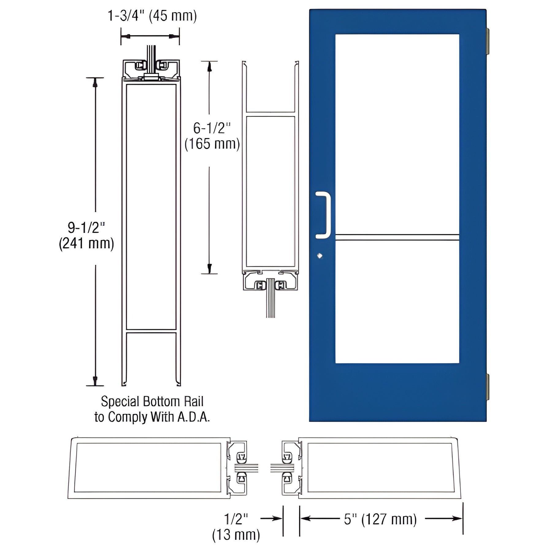 CRL-U.S. Aluminum Standard KYNAR® Custom Size Single Series 550 Wide Stile Butt Hinge Entrance Door for Overhead Concealed Door Closer