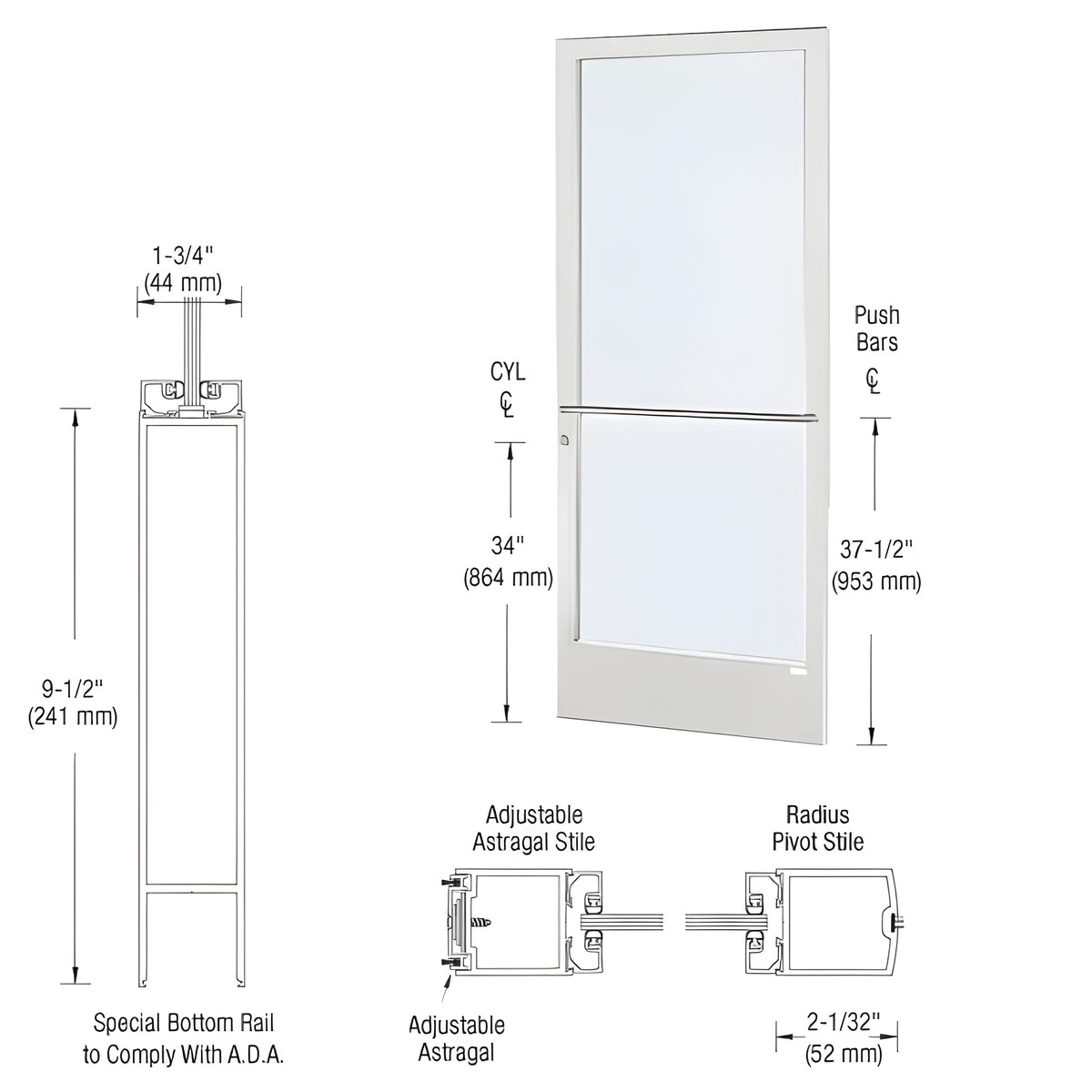 CRL-U.S. Aluminum White KYNAR® Paint 250 Series Narrow Stile Active Leaf of Pair 3'0 x 7'0 Center Hung for OHCC w/Standard Push Bars Complete ADA Door(s) with Lock Indicator, Cyl Guard