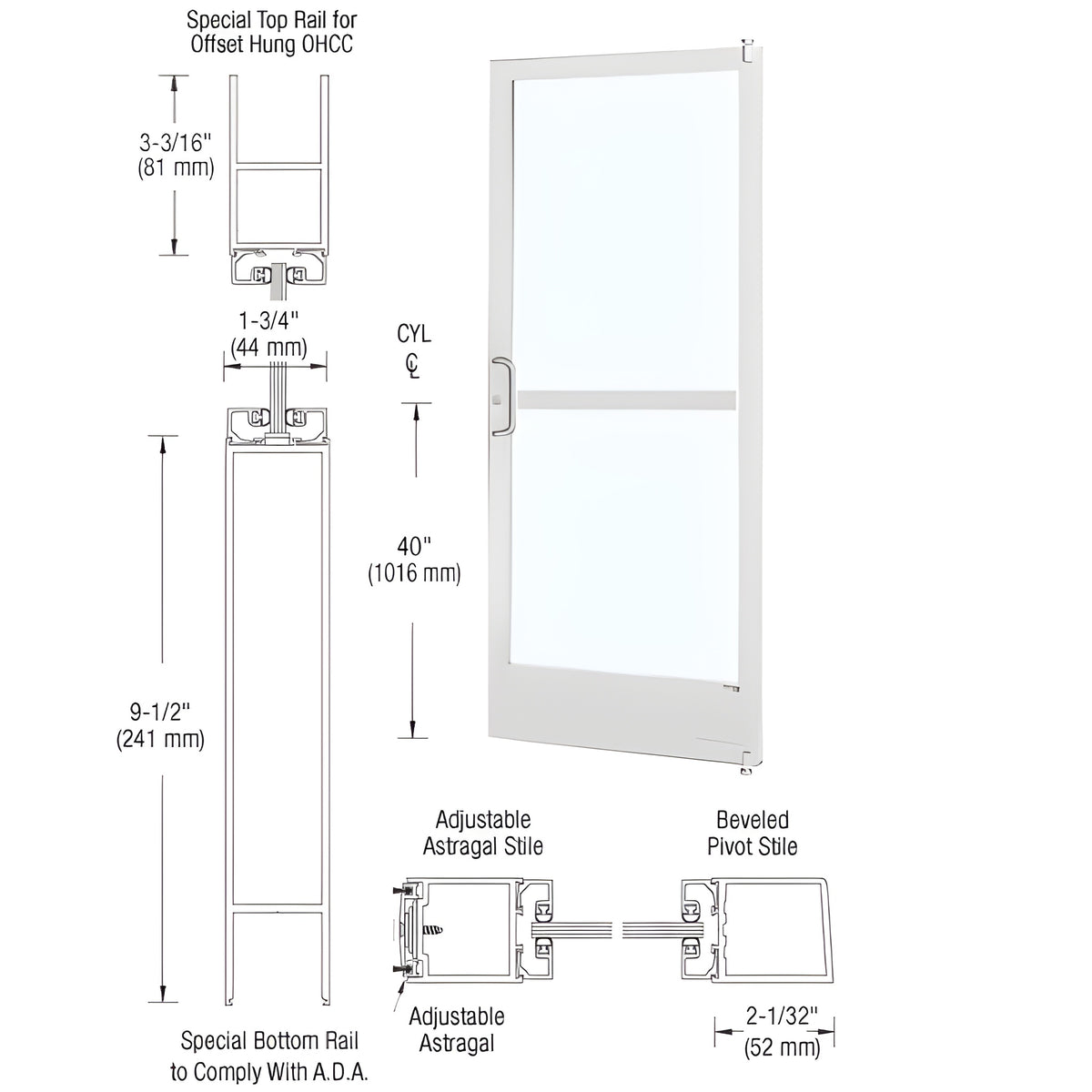 CRL-U.S. Aluminum White KYNAR® Paint 250 Series Narrow Stile Active Leaf of Pair Offset Hung with Offset Pivots for OHCC 105 Degree Closer Complete Panic Door with Std. Panic and 9-1/2" Bottom Rail
