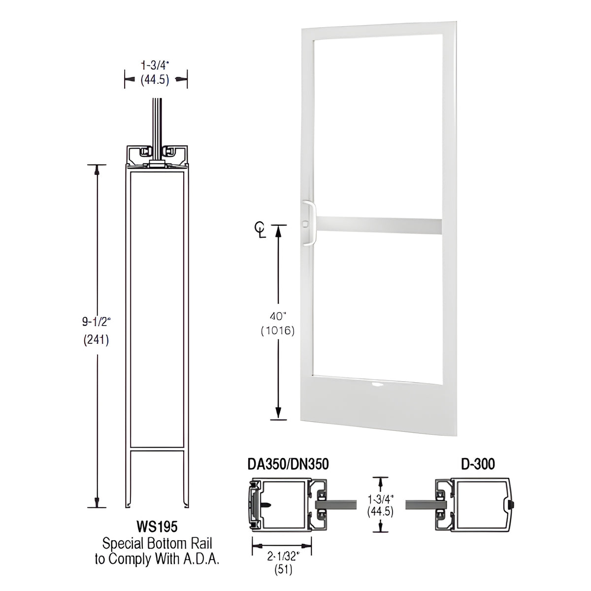 CRL-U.S. Aluminum White KYNAR® Paint 250 Series Narrow Stile Active Leaf of Pair 3'0 x 7'0 Center Hung for OHCC with Standard Push Bars Complete Panic Door with Standard Panic and 9-1/2" Bottom Rail