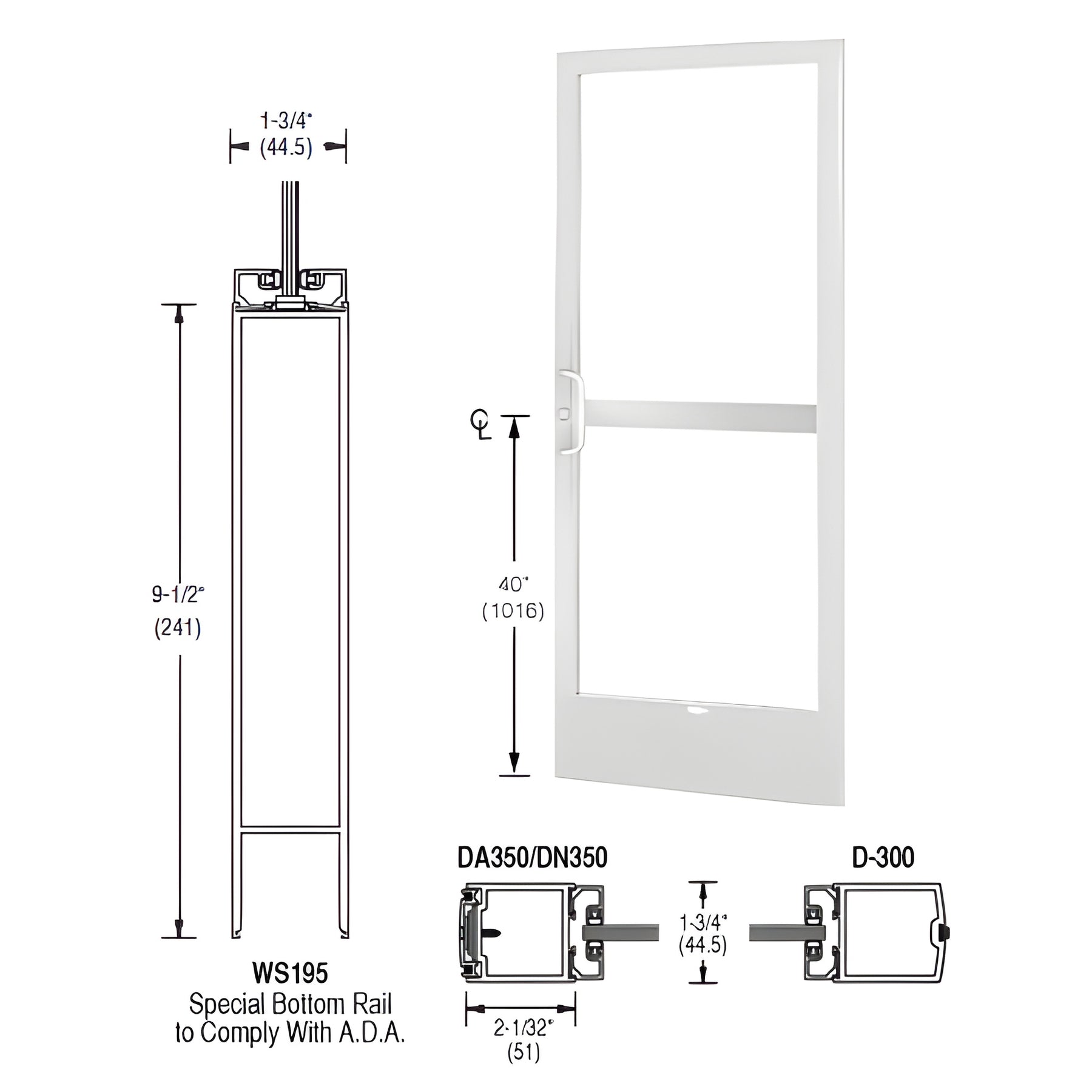 CRL-U.S. Aluminum White KYNAR® Paint 250 Series Narrow Stile Active Leaf of Pair 3'0 x 7'0 Center Hung for OHCC with Standard Push Bars Complete Panic Door with Standard Panic and 9-1/2" Bottom Rail