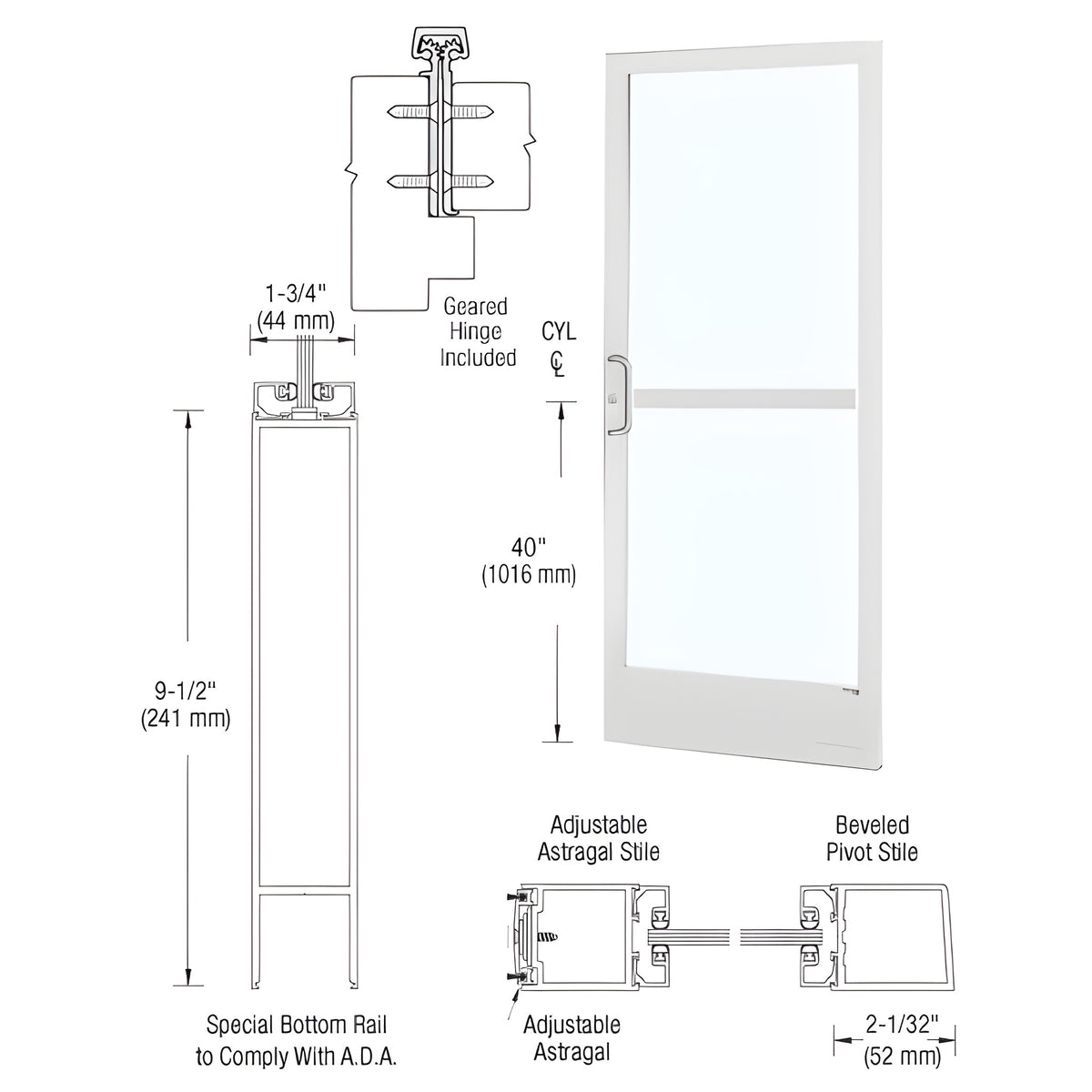 CRL-U.S. Aluminum White KYNAR® Paint 250 Series Narrow Stile Active Leaf of Pair 3'0 x 7'0 Offset Hung with Geared Hinged Complete Panic Door with Standard Panic and 9-1/2" Bottom Rail